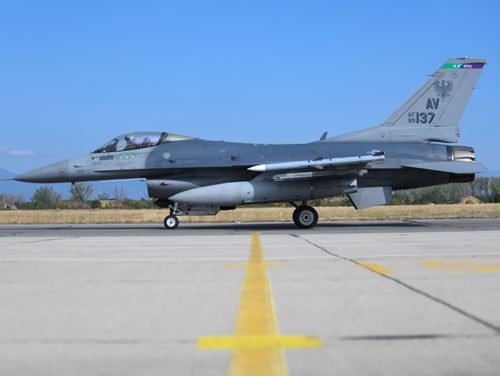 A U.S. Air Force F-16 Fighting Falcon assigned to the 555th Fighter Squadron, Aviano Air Base, Italy, taxis on the runway during exercise Thracian Viper 20 at Graf Ignatievo Air Base, Bulgaria, Sept. 21, 2020. (Airman 1st Class Ericka Woolever/Air Force)