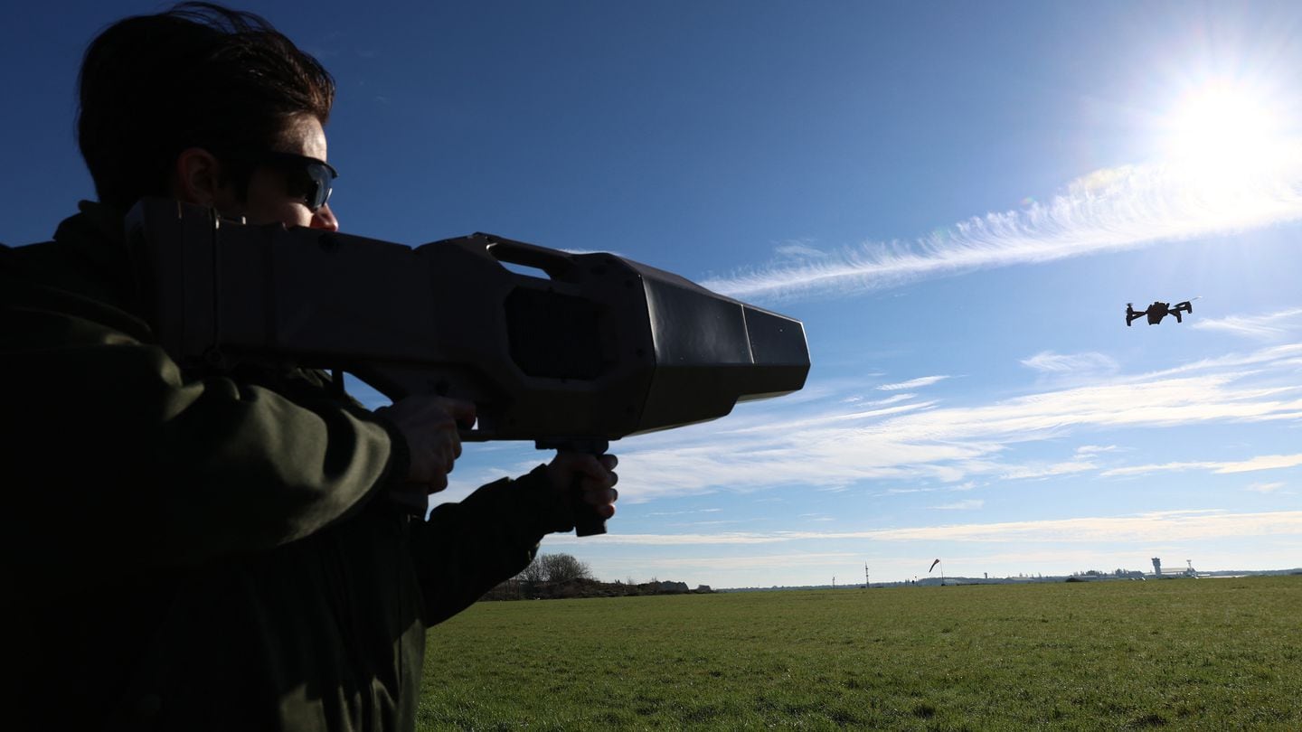 A French soldier demonstrates an anti-drone gun at a local military base on March 14, 2024. (Emmanuel Dunand/AFP via Getty Images)