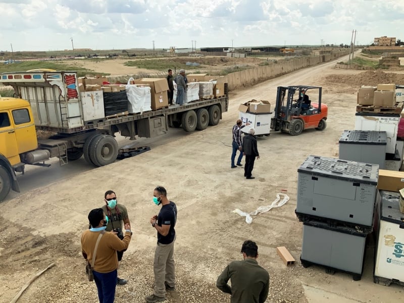A pallet of basic hygiene and medical supplies is offloaded at Ash Shaddaddi, Syria for detention facilities across northeast Syria the week of April 13, 2020. (Photo by Spc. Christopher Estrada)