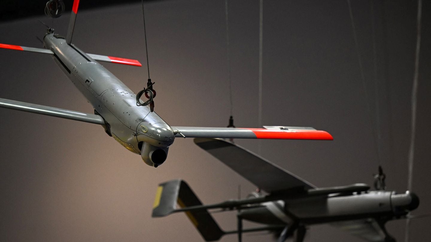 Drones are seen at the DSEI show in London on Sept. 12, 2023. (Daniel Leal/AFP via Getty Images)