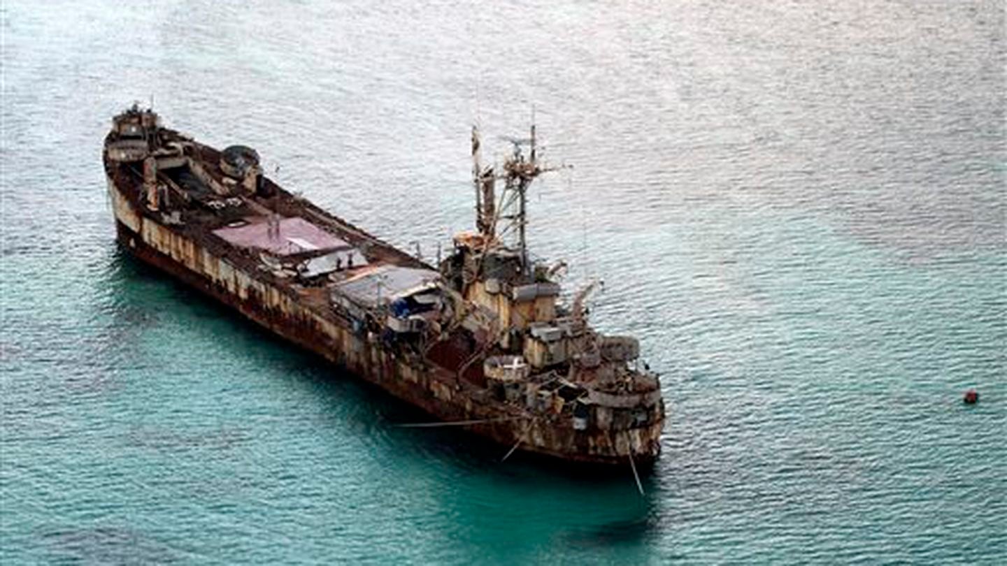 The dilapidated Sierra Madre ship of the Philippine Navy is seen anchored near Ayungin Shoal with Filipino soldiers aboard to secure the perimeter of the Spratly Islands in the South China Sea in 2015. (Ritchie B. Tongo/AP)