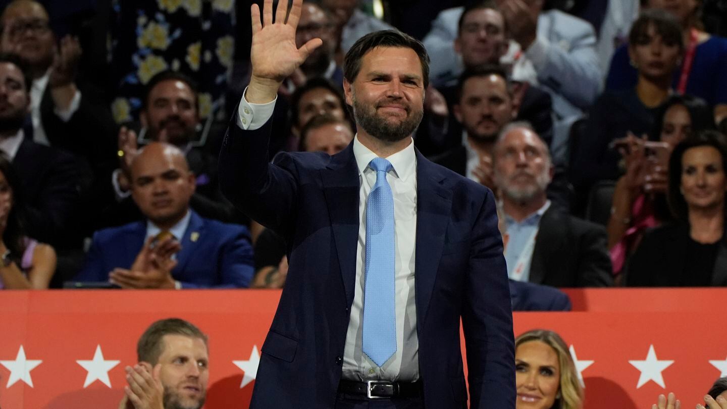 Republican vice presidential candidate JD Vance, R-Ohio, waves during the Republican National Convention Monday, July 15, 2024, in Milwaukee. (AP Photo/Paul Sancya)