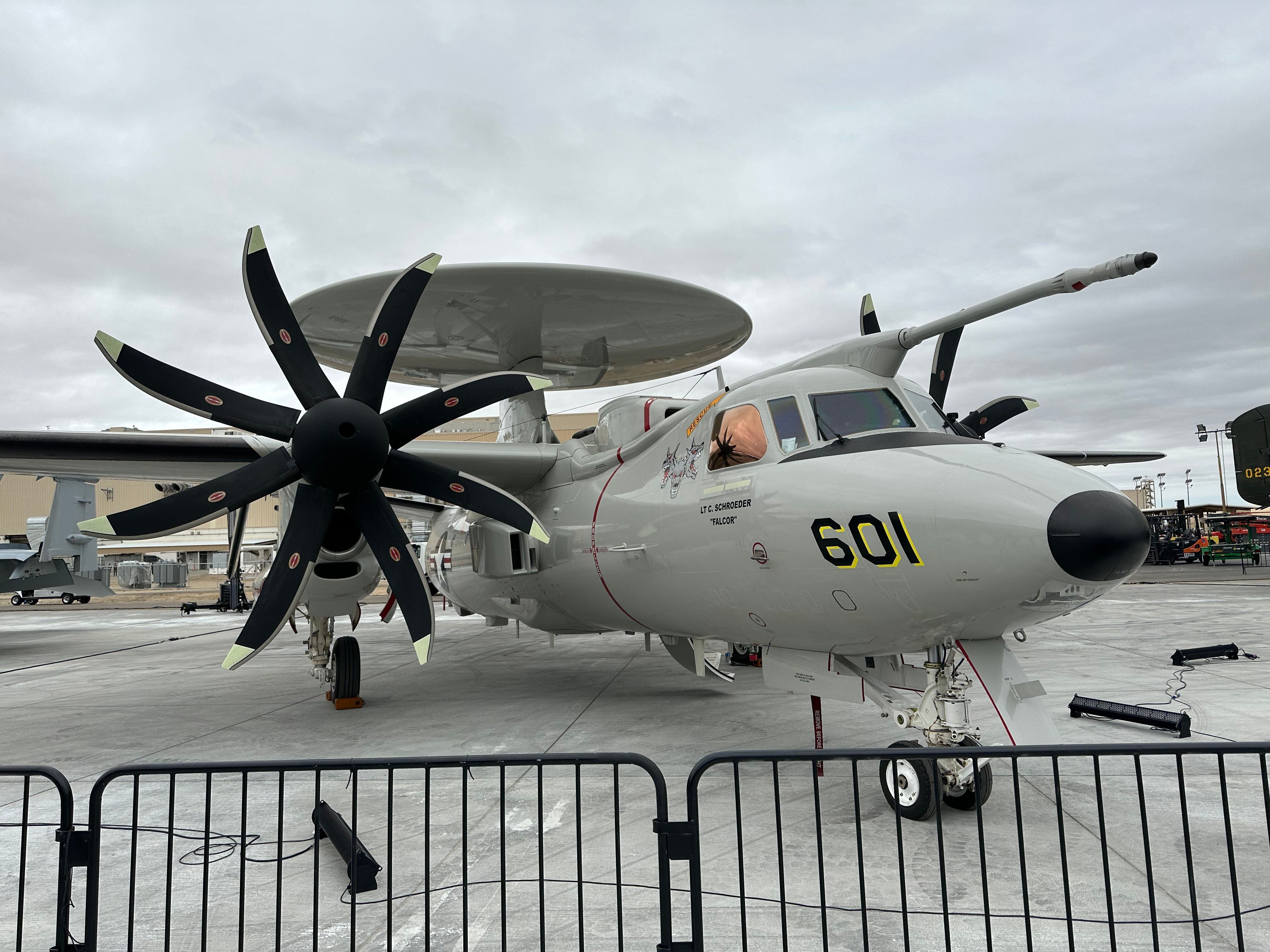 The E-2 Hawkeye, the U.S. Navy's airborne command-and-control aircraft, with its signature 24-foot-diameter radar rotodome. (Stephen Losey/Staff)