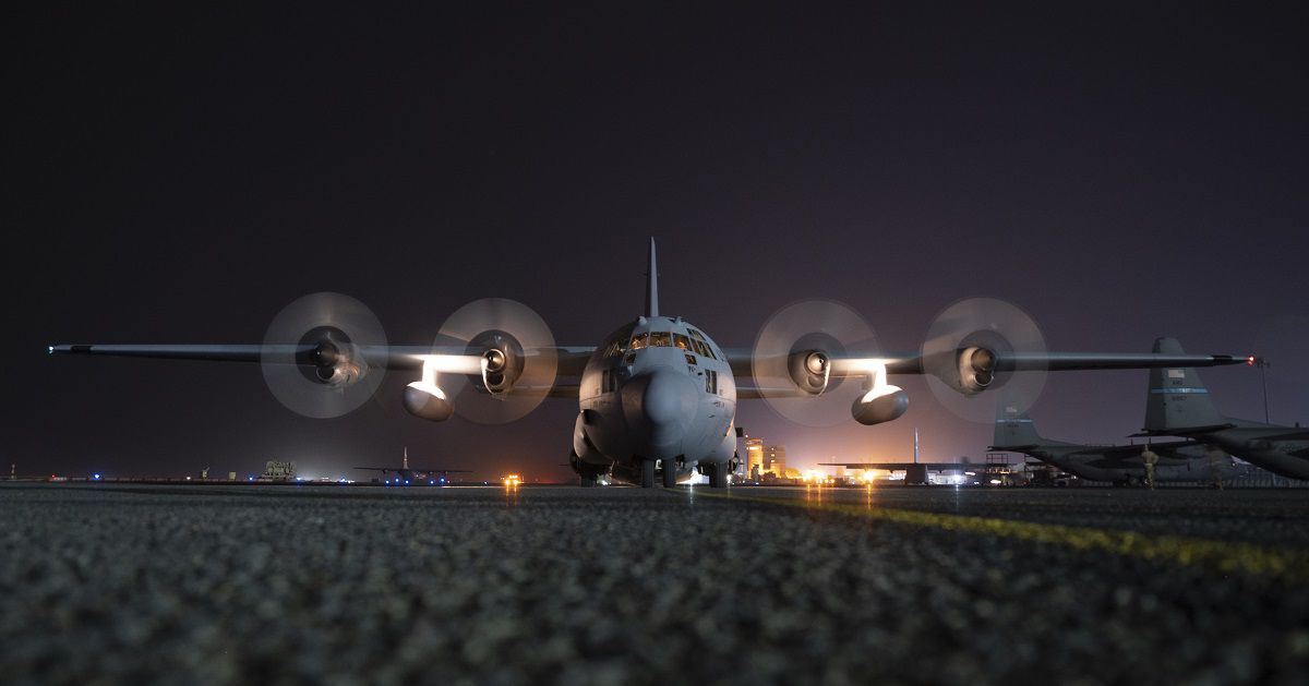 A C-130H Hercules arrives at Ali Al Salem Air Base, Kuwait, Nov. 2, 2021. The aircraft completed the last mission from ASAB by a C-130H Hercules model as the Expeditionary Airlift Squadron transitioned to the C-130J Super Hercules model to maintain the 386th Air Expeditionary Wing’s rapid mobility capabilities throughout the area of responsibility. (Tech. Sgt. Daryn Murphy/Air Force)
