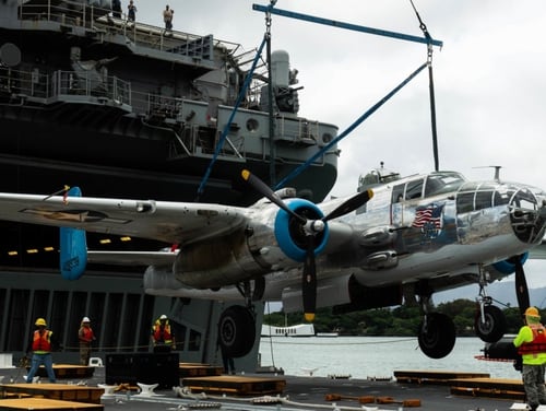 A B-25 Mitchell aboard the amphibious assault ship Essex arrives in Pearl Harbor. (U.S. Navy photo by Mass Communication Specialist 2nd Class Jessica O. Blackwell)