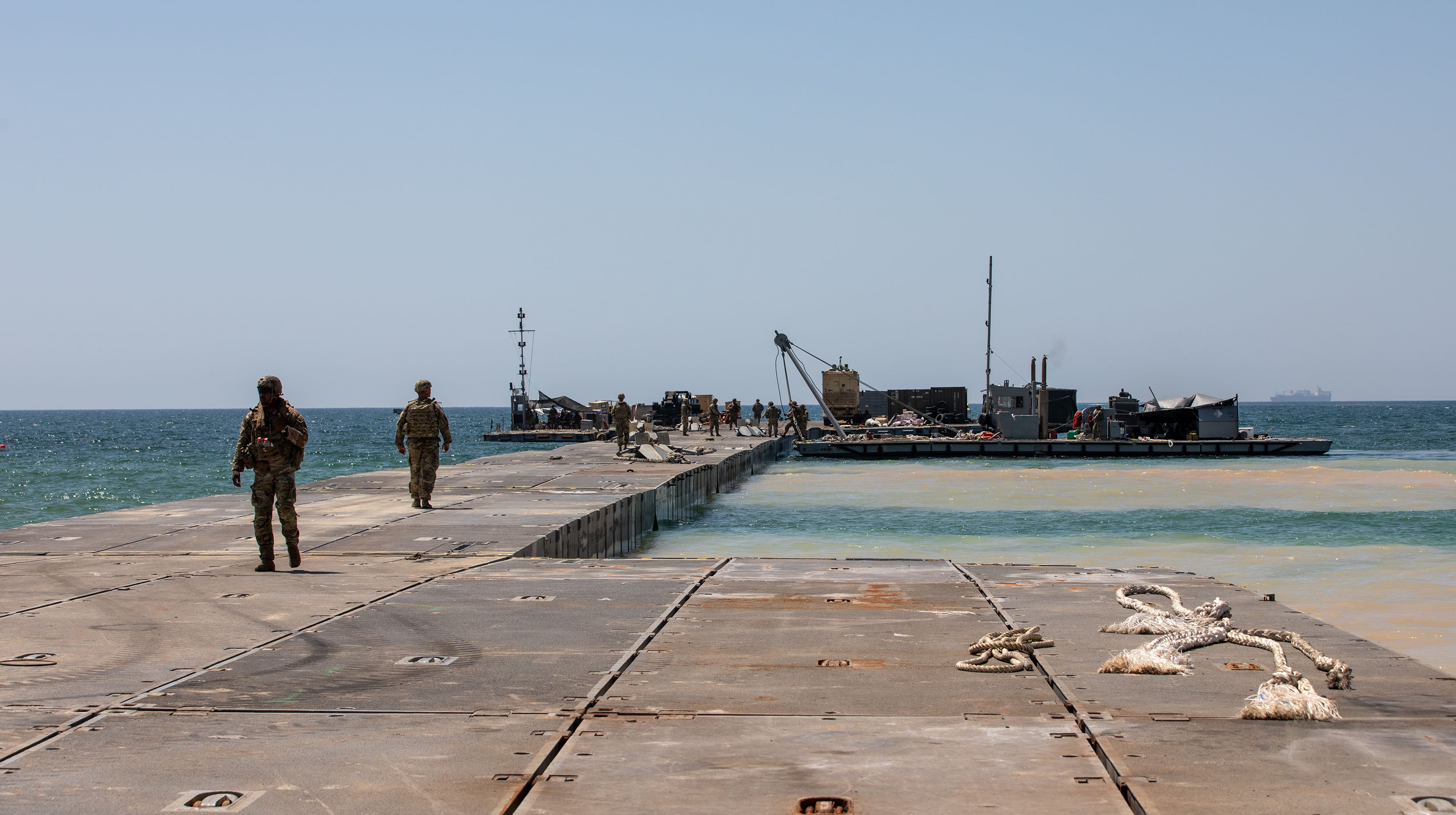 U.S. troops at work on the Gaza aid pier on June 7. (Staff Sgt. Mikayla Fritz/Army)