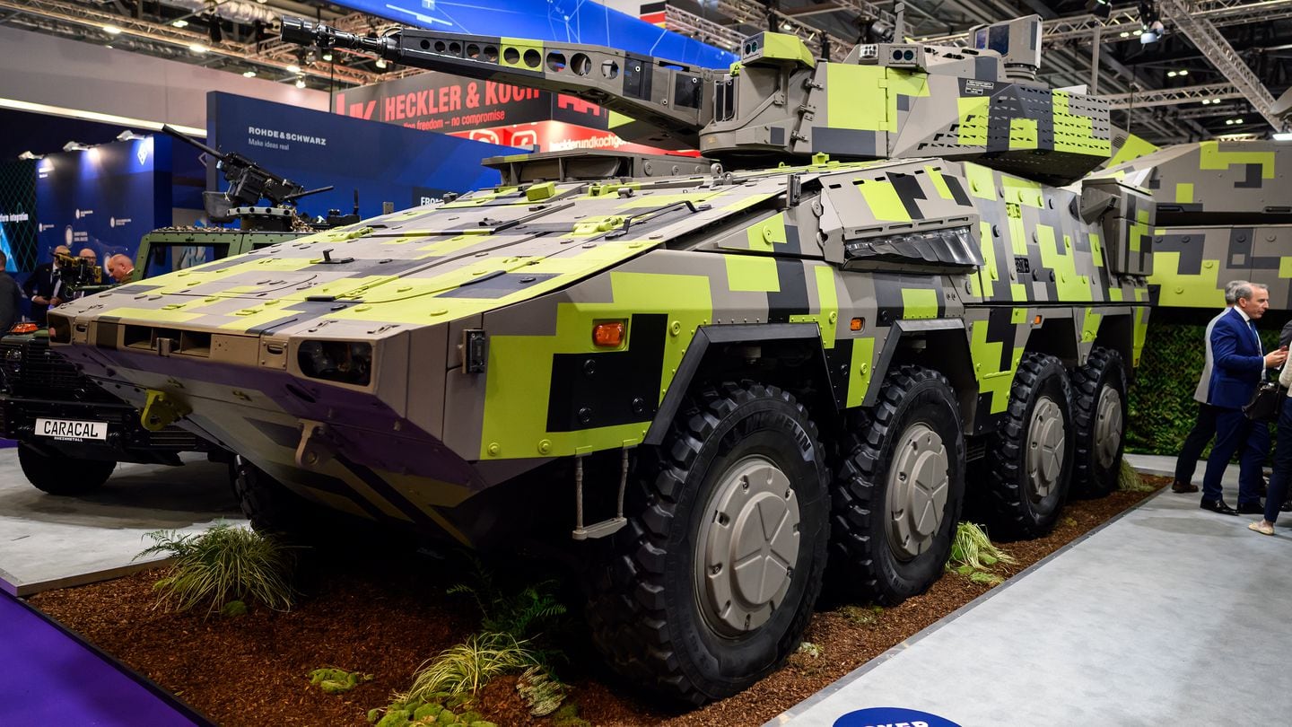 A Rheinmetall multirole armored fighting vehicle is on display at DSEI on Sept. 12, 2023. (Leon Neal/Getty Images)