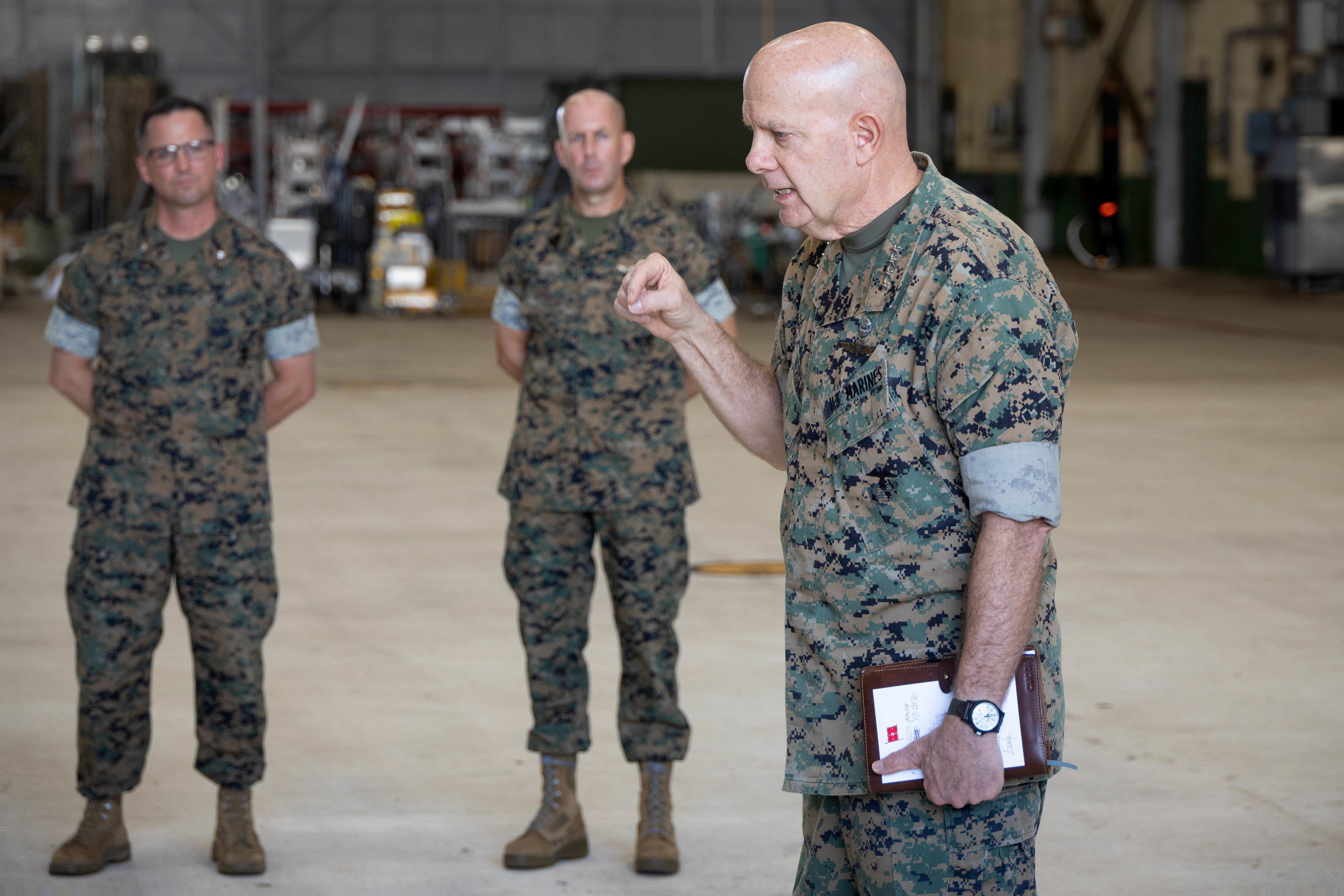 U.S. Marine Corps Gen. David Berger, the 38th Commandant of the Marine Corps, addresses the Marines of Marine Aerial Refueler Transport Squadron 153, Marine Corps Base Hawaii, Feb. 1, 2023. (Cpl. Chandler Stacy/US Marine Corps)