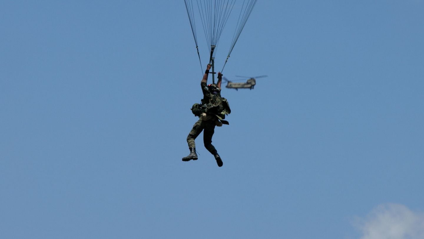A Philippine soldier parachutes during the exercise Balikatan at Fort Magsaysay, Philippines, on May 9, 2024. (Spc. Wyatt Moore/U.S. Army)