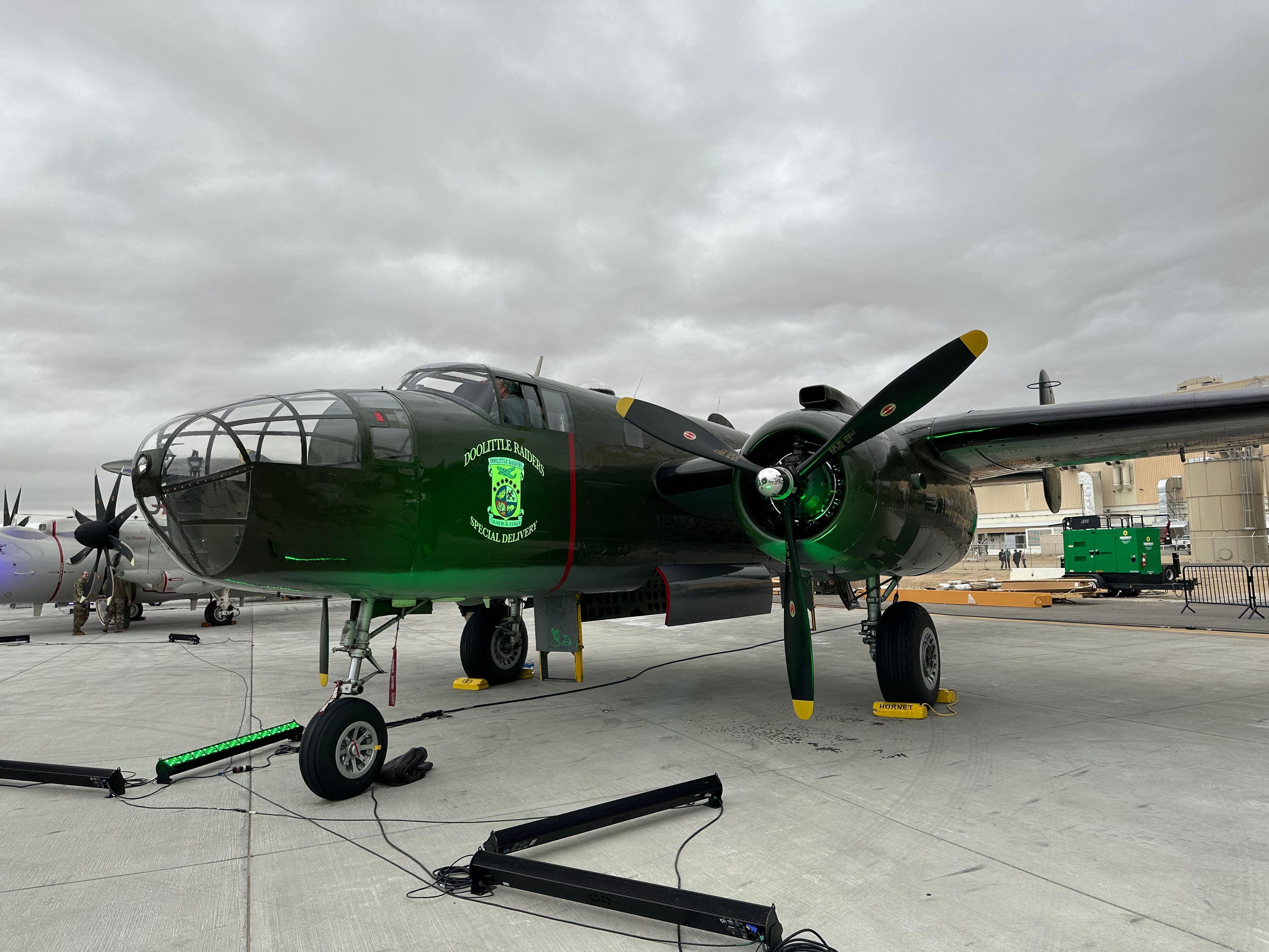 The B-25 Mitchell, a World War II-era bomber that was flown by the Doolittle Raiders in their daring 1942 raid on Tokyo, Japan. The B-21 Raider was named in honor of the Doolittle Raiders, and the rollout ceremony included tributes to them. (Stephen Losey/Staff)