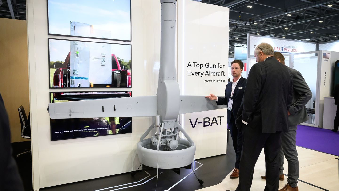 A V-Bat drone from Shield AI is on display at the DSEI trade show on Sept. 12, 2023. (Leon Neal/Getty Images)