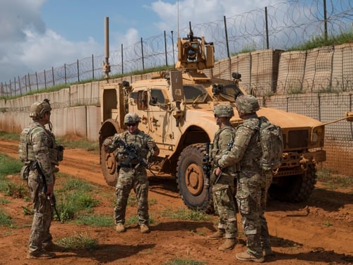 Oregon national Guard Soldiers assigned to Task Force Guardian discuss patrol operations in Somalia on Dec. 3, 2019. (Tech. Sgt. Nick Kibbey/Air Force)