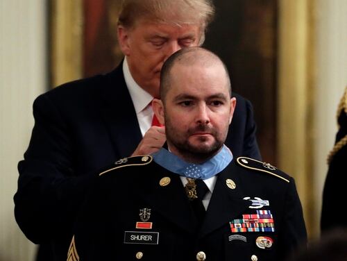 President Donald Trump awards the Medal of Honor to former Staff Sgt. Ronald Shurer II in the East Room of the White House, Oct. 1, 2018. (Evan Vucci/AP)