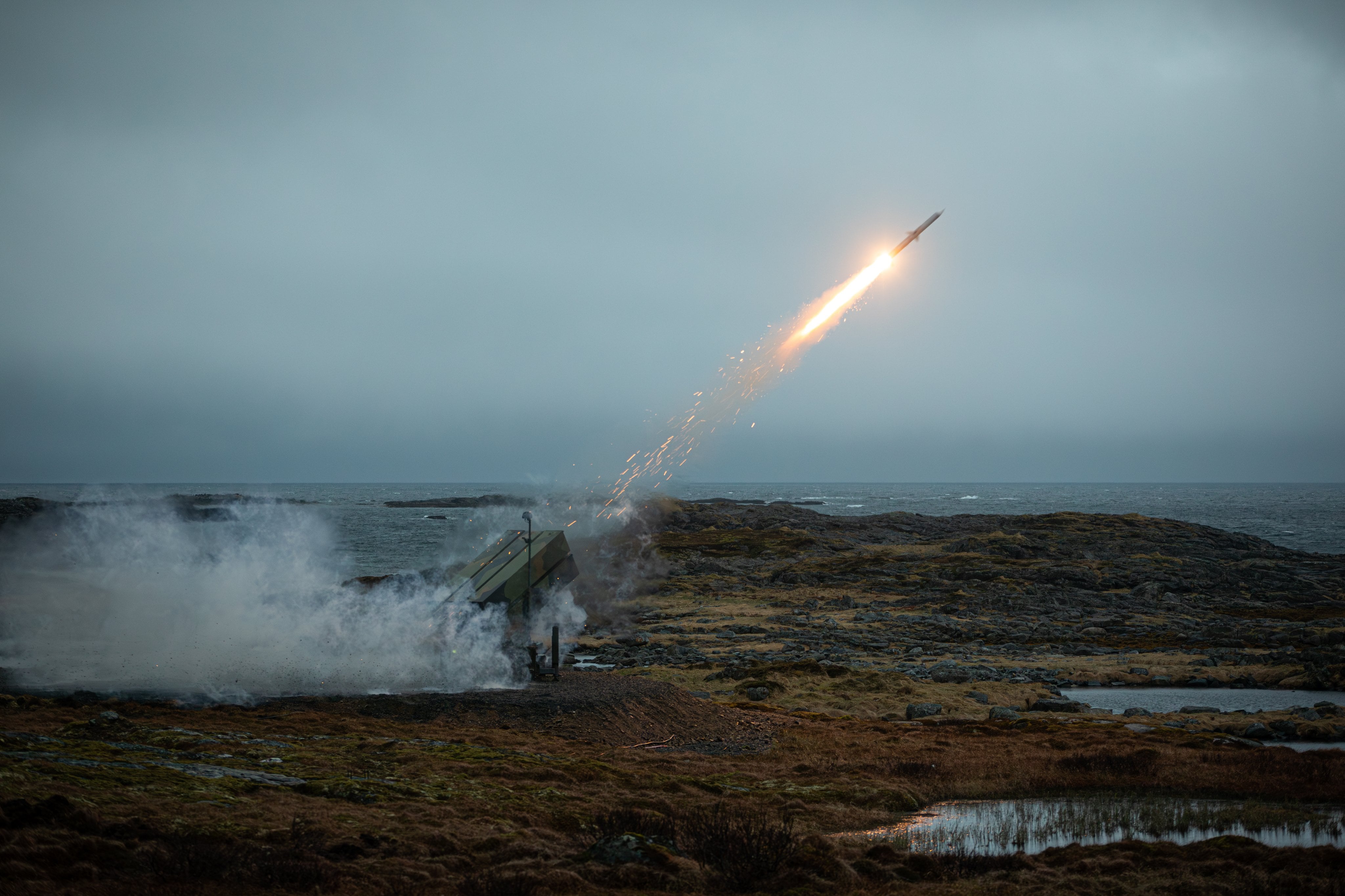 The Norwegian Army fires a National Advanced Surface-to-Air Missile System against a simulated threat during a 2023 exercise. (Royal Norwegian Navy)