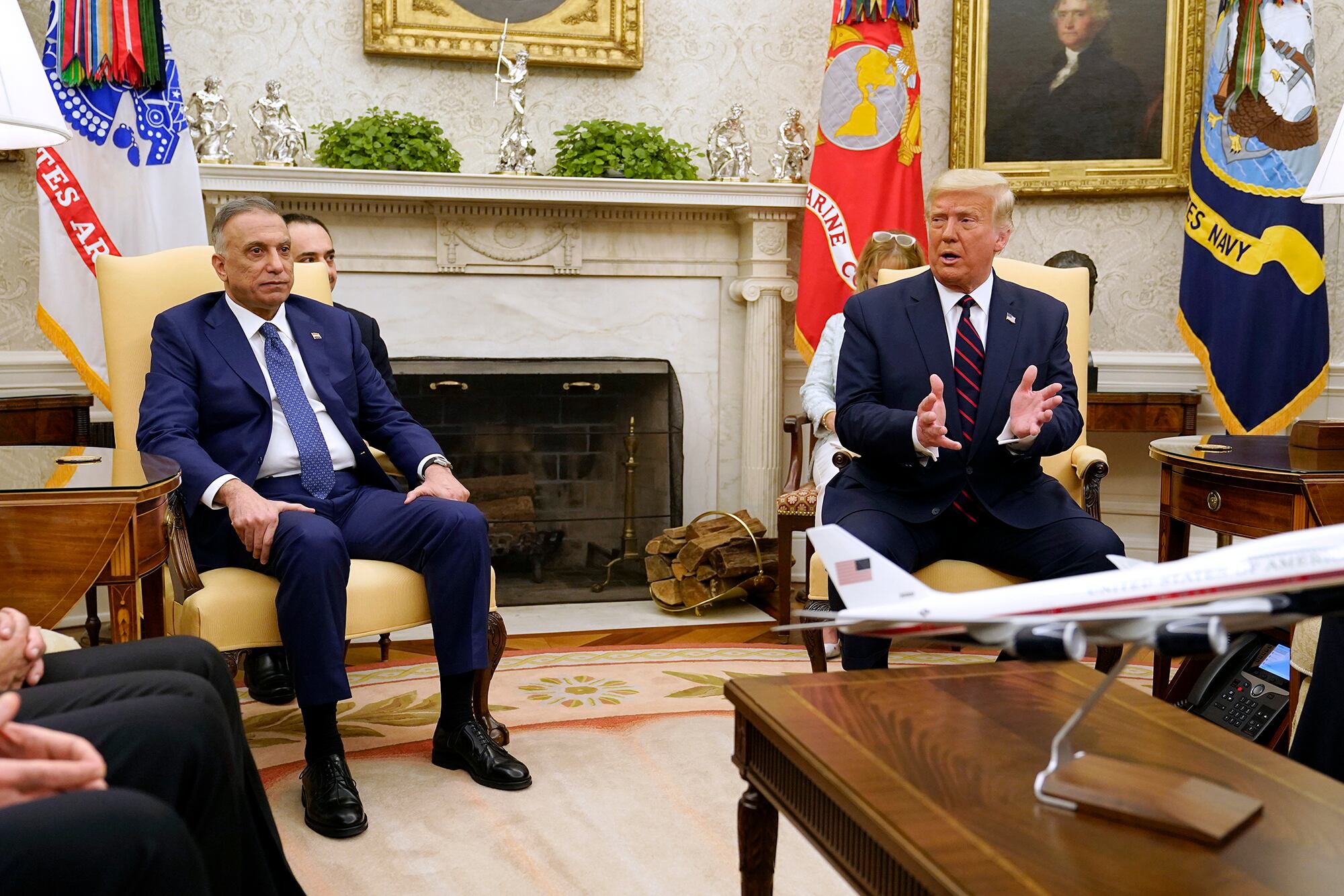 President Donald Trump meets with Iraqi Prime Minister Mustafa al-Kadhimi in the Oval Office of the White House, Thursday, Aug. 20, 2020, in Washington.