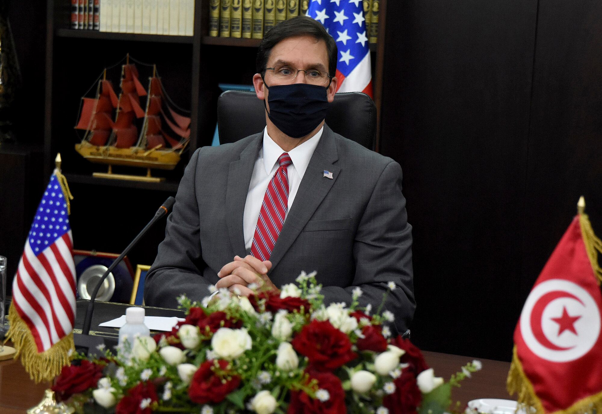 U.S. Secretary of Defense Mark Esper attends a meeting with Tunisian Defense Minister Brahim Bartagi in Tunis on Wednesday, Sept. 30, 2020.