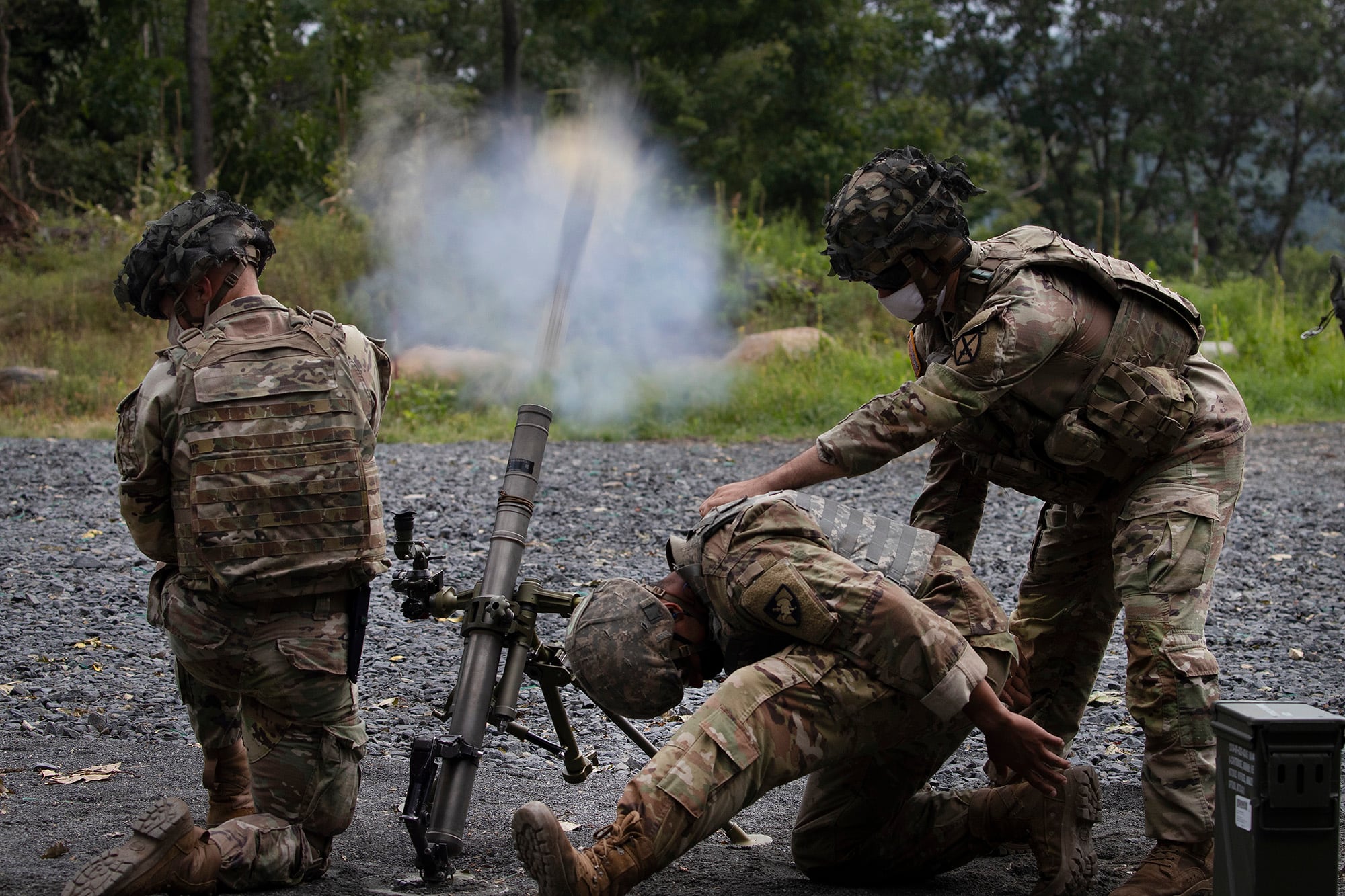 Cadets learn to fire mortars, Friday, Aug. 7, 2020, at the U.S. Military Academy in West Point, N.Y.