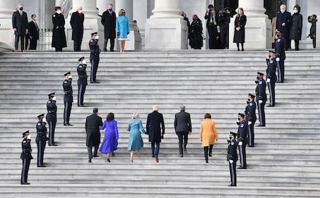 Left to right: Doug Emhoff, Vice President-elect Kamala Harris, incoming first lady Jill Biden, President-elect Joe Biden, Missouri Sen. Roy Blunt and Minnesota Sen. Amy Klobuchar arrive for the inauguration of Joe Biden as the 46th president on Jan. 20, 2021, at the Capitol in Washington.