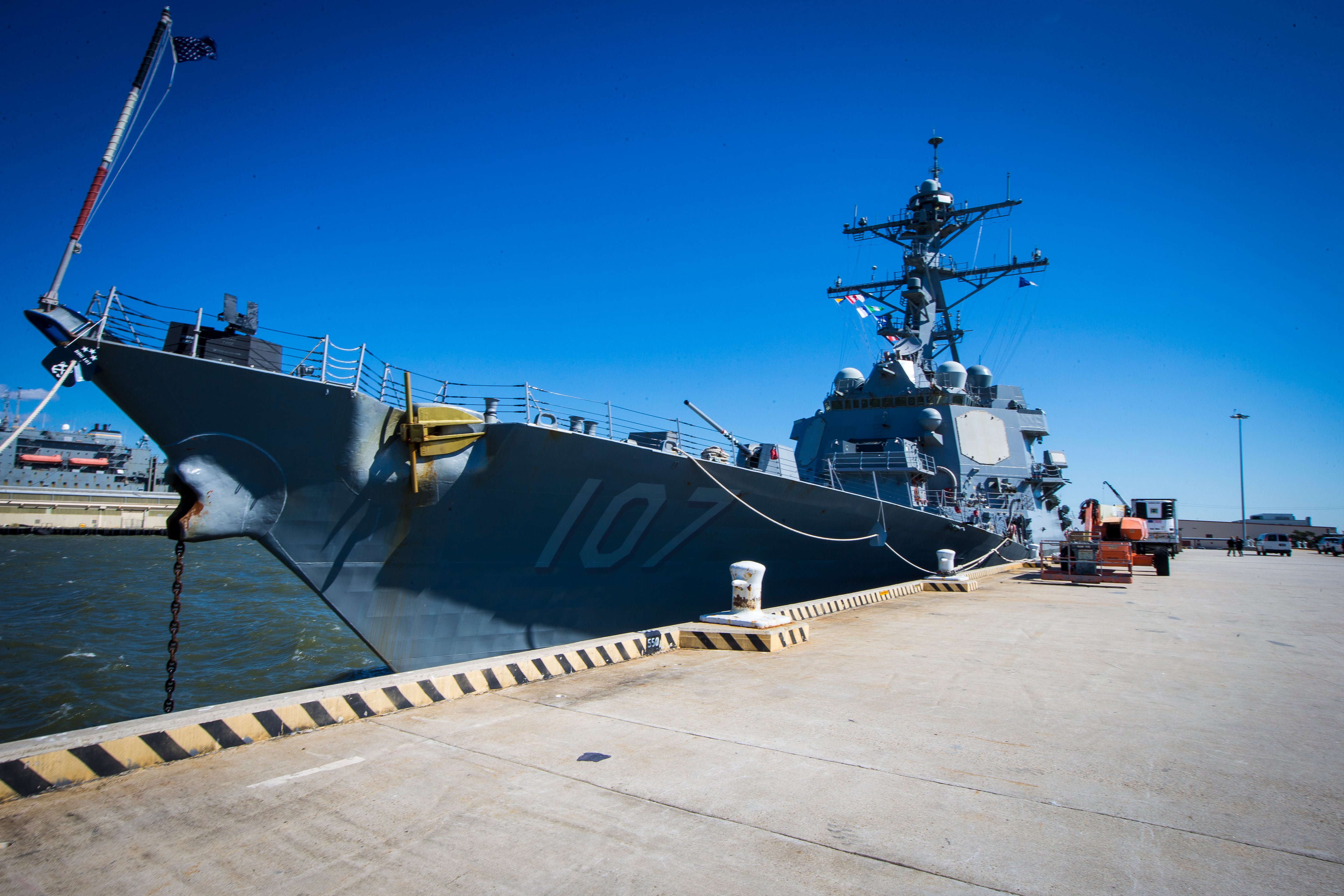 The Arleigh Burke-class destroyer USS Gravely is docked at its home port Norfolk Naval Station in Norfolk, Va. on Tuesday, March 14, 2023.