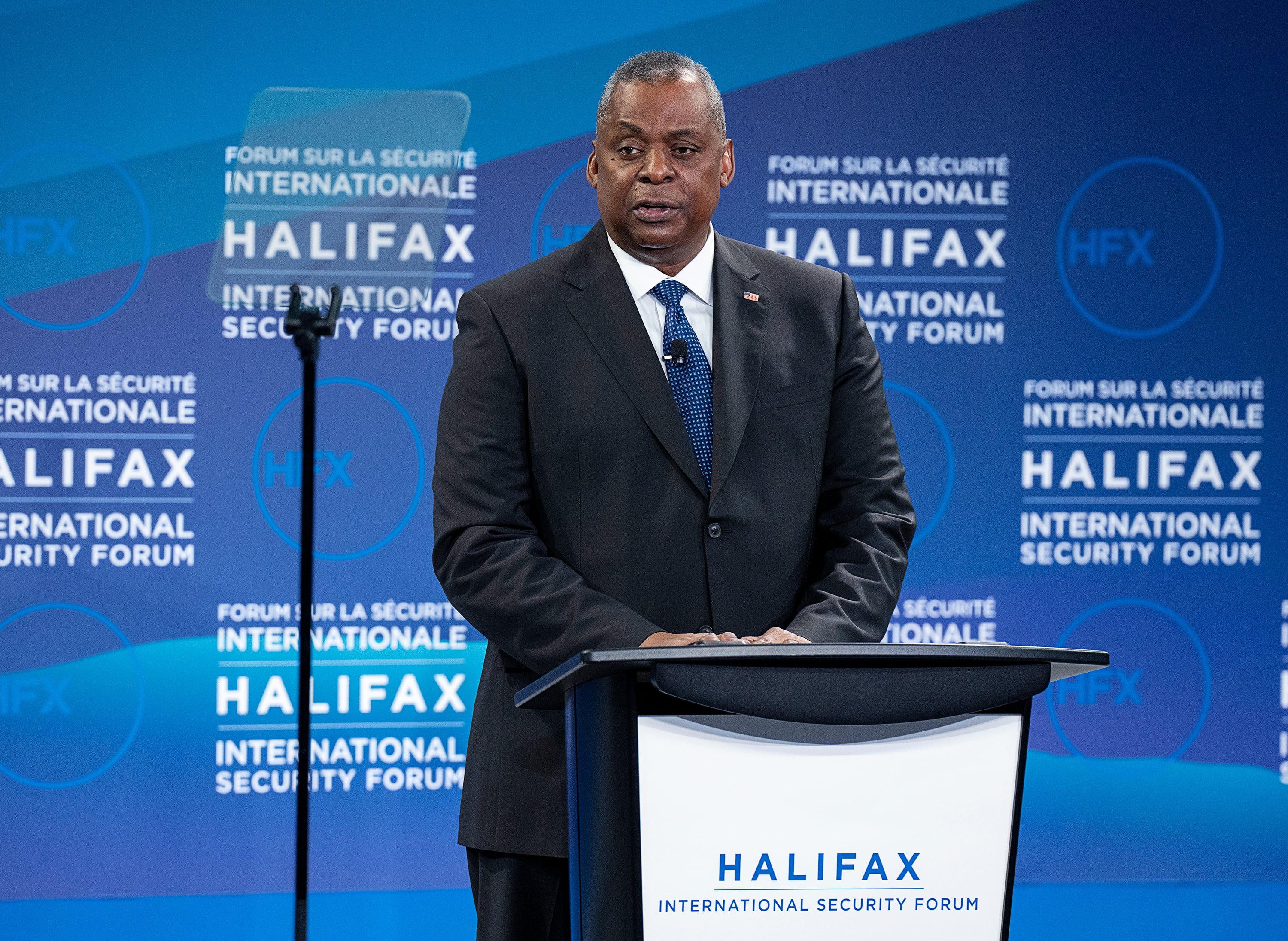 U.S. Secretary of Defense Lloyd J. Austin III delivers remarks at the Halifax International Security Forum in Halifax on Saturday, Nov.19, 2022.