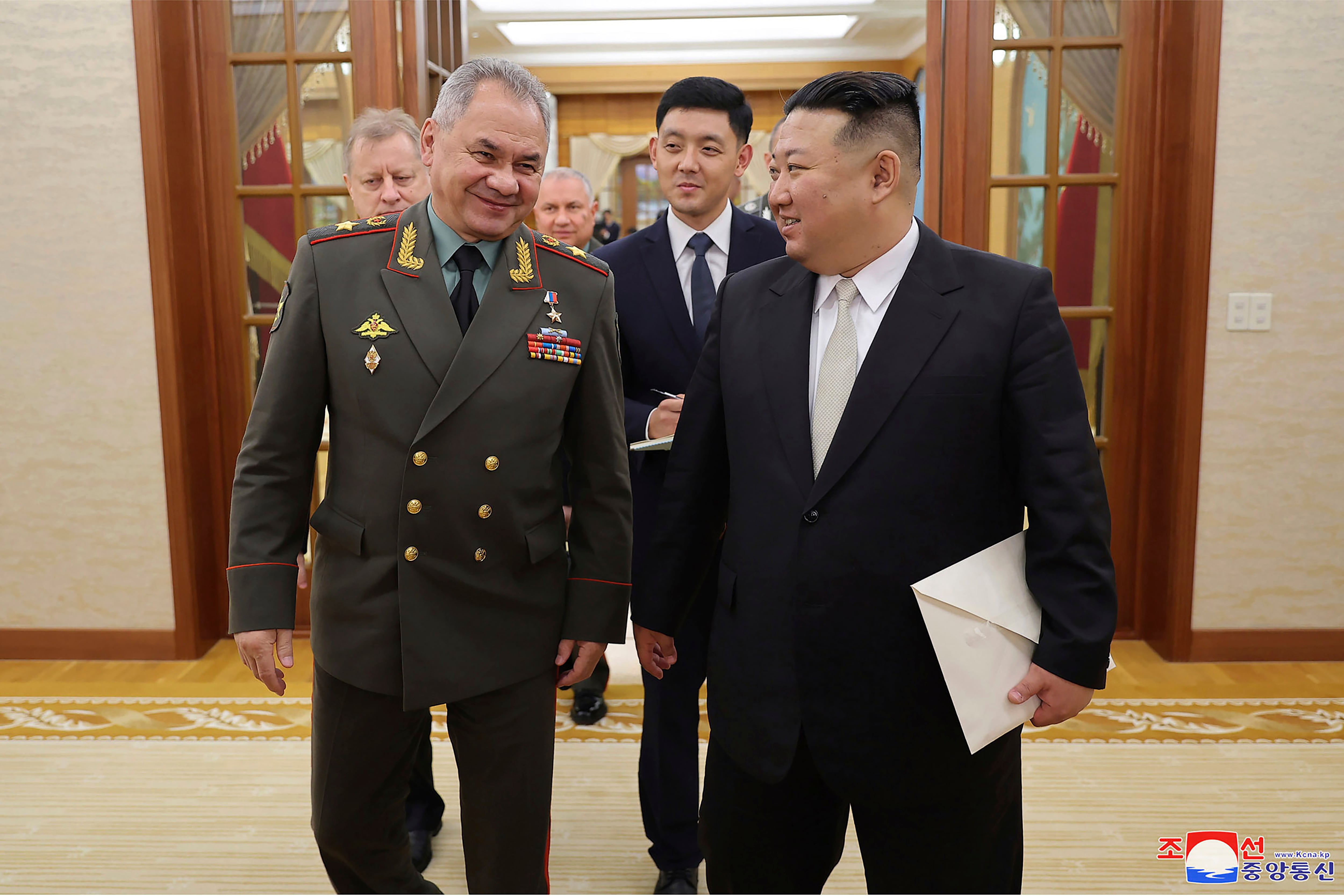 In this photo provided by the North Korean government, North Korean leader Kim Jong Un, right, meets with Russian Defense Minister Sergei Shoigu at the headquarters of the ruling Workers’ Party’s Central Committee in Pyongyang, North Korea Wednesday, July 26, 2023.