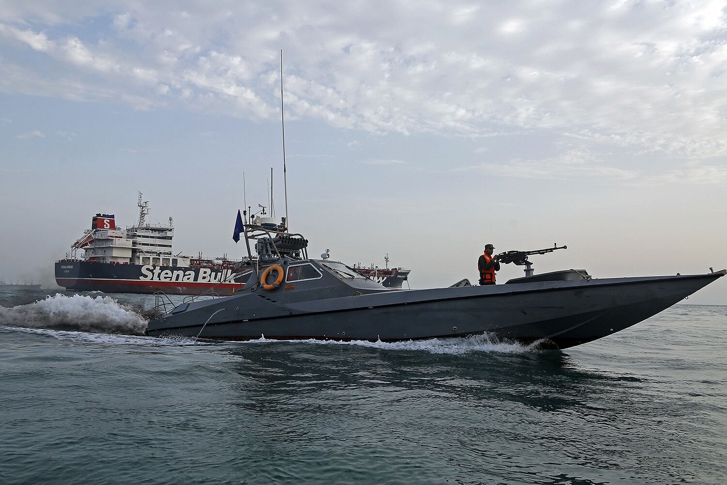 Iran's Revolutionary Guard patrols around the British-flagged tanker Stena Impero on July 21, 2019, as it was anchored off the Iranian port city of Bandar Abbas.