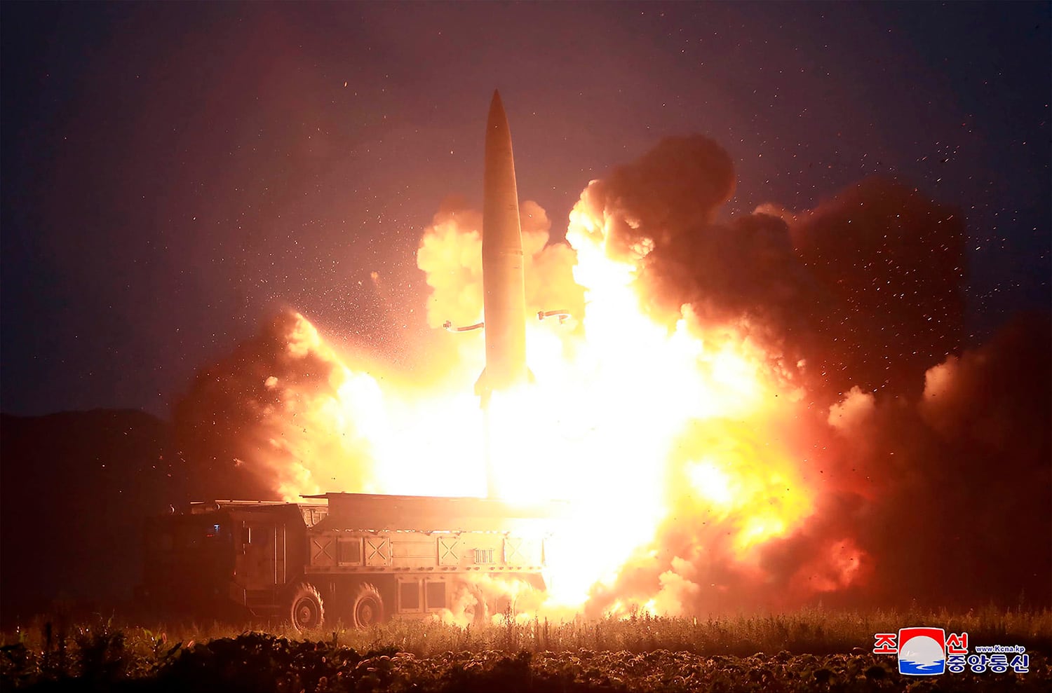 This Aug. 6, 2019, photo provided by the North Korean government shows the launch of a new-type of tactical guided missile at an airfield in the western area of North Korea.