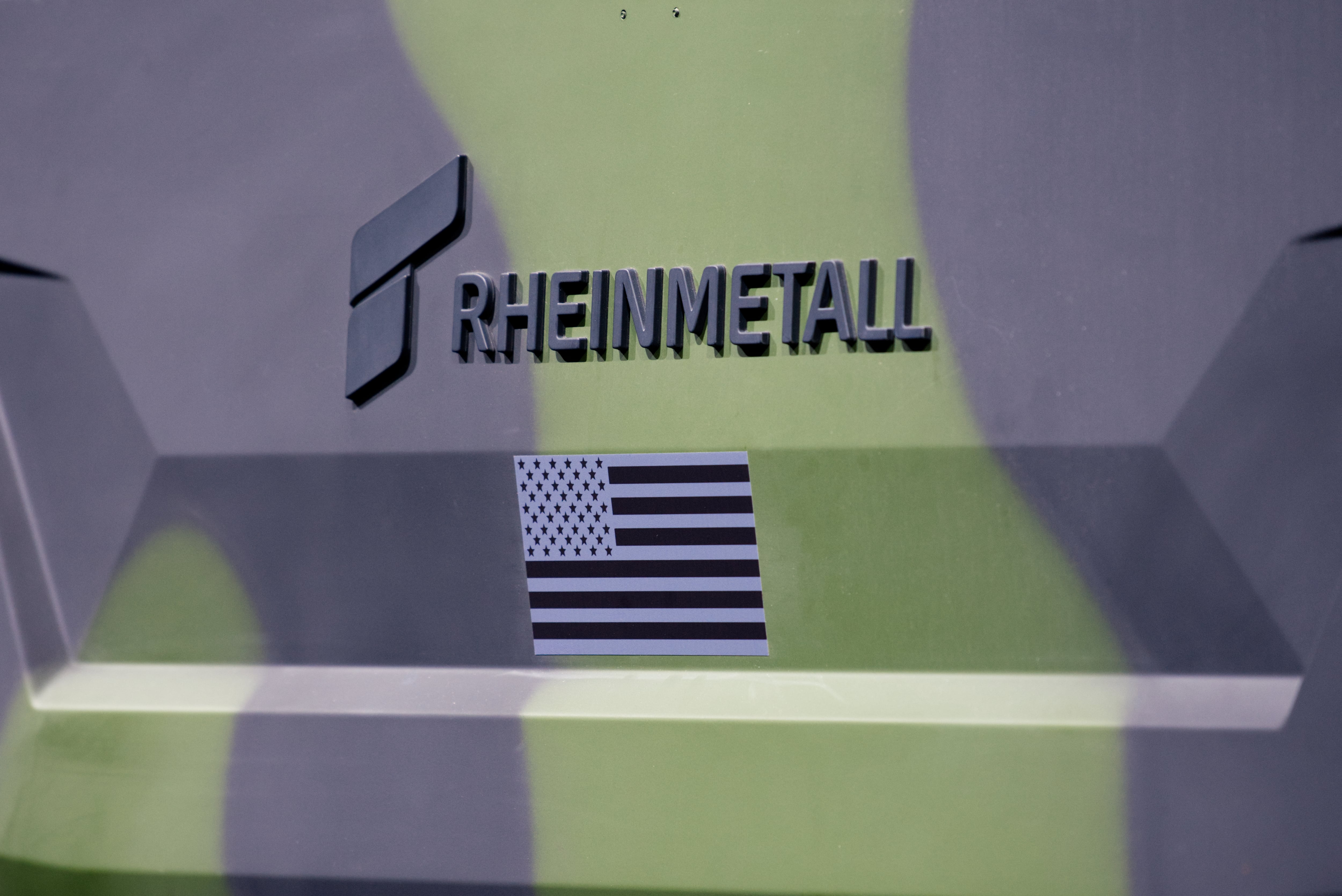 The Rheinmetall logo is seen on the front of a truck at the Association of the U.S. Army annual convention in Washington, D.C.