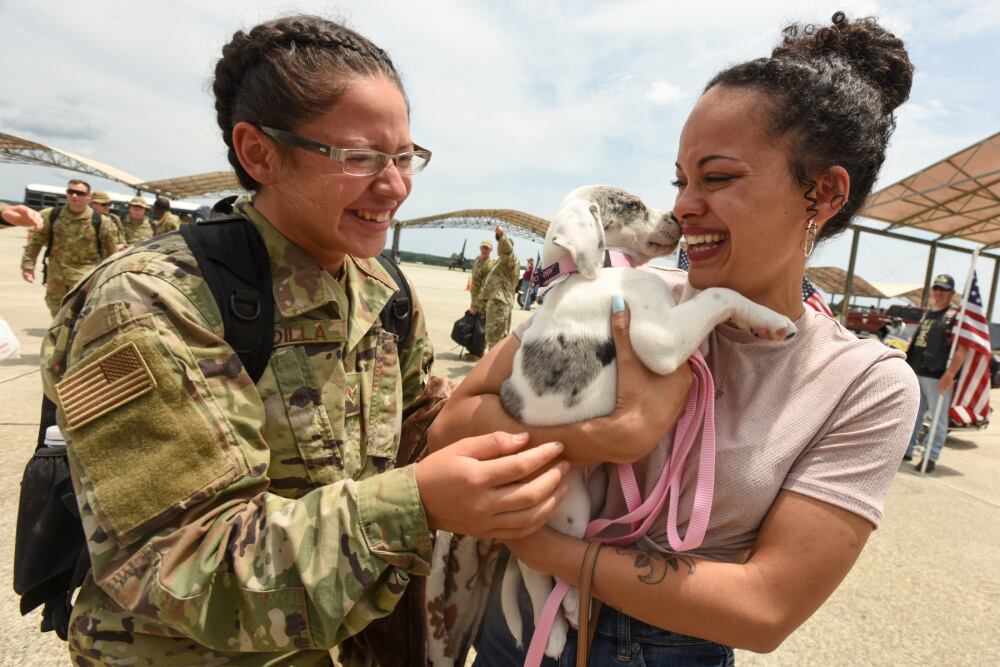 U.S. Air Force personnel recently deployed to Prince Sultan Air Base, Kingdom of Saudi Arabia, return home July 18, 2021 to the 169th Fighter Wing at McEntire Joint National Guard Base, South Carolina. "Swamp Fox" Airmen from the South Carolina Air National Guard’s 169th Fighter Wing were deployed to PSAB for the past three months to project combat power and help bolster defensive capabilities against potential threats in the region. (Tech. Sgt. Megan Floyd/Air National Guard)