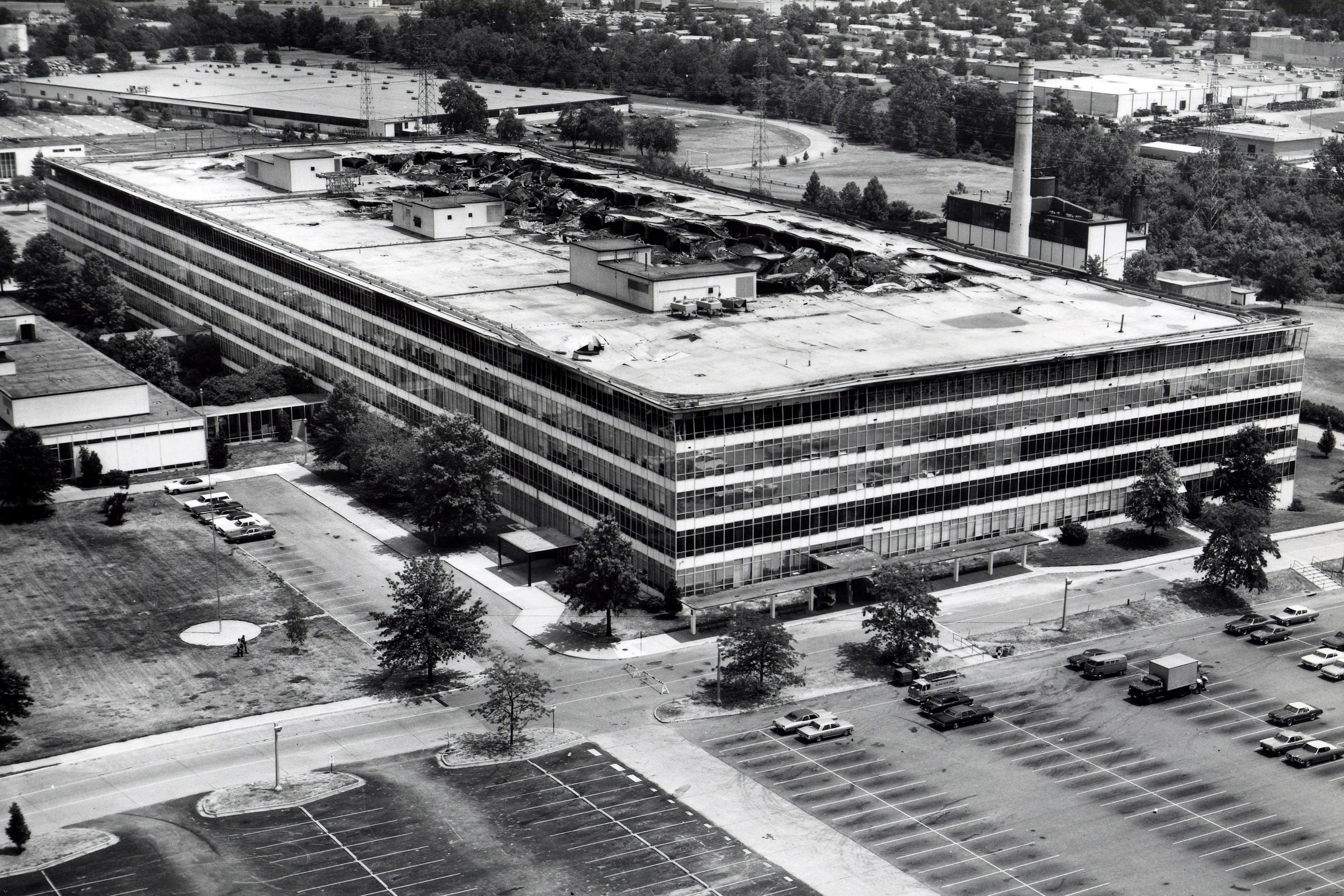 This photo provided by the National Archives and Records Administration shows the damaged sixth floor and roof of the Military Personnel Records Center in Overland, Mo., near St. Louis, after a massive fire that started on July 12, 1973.