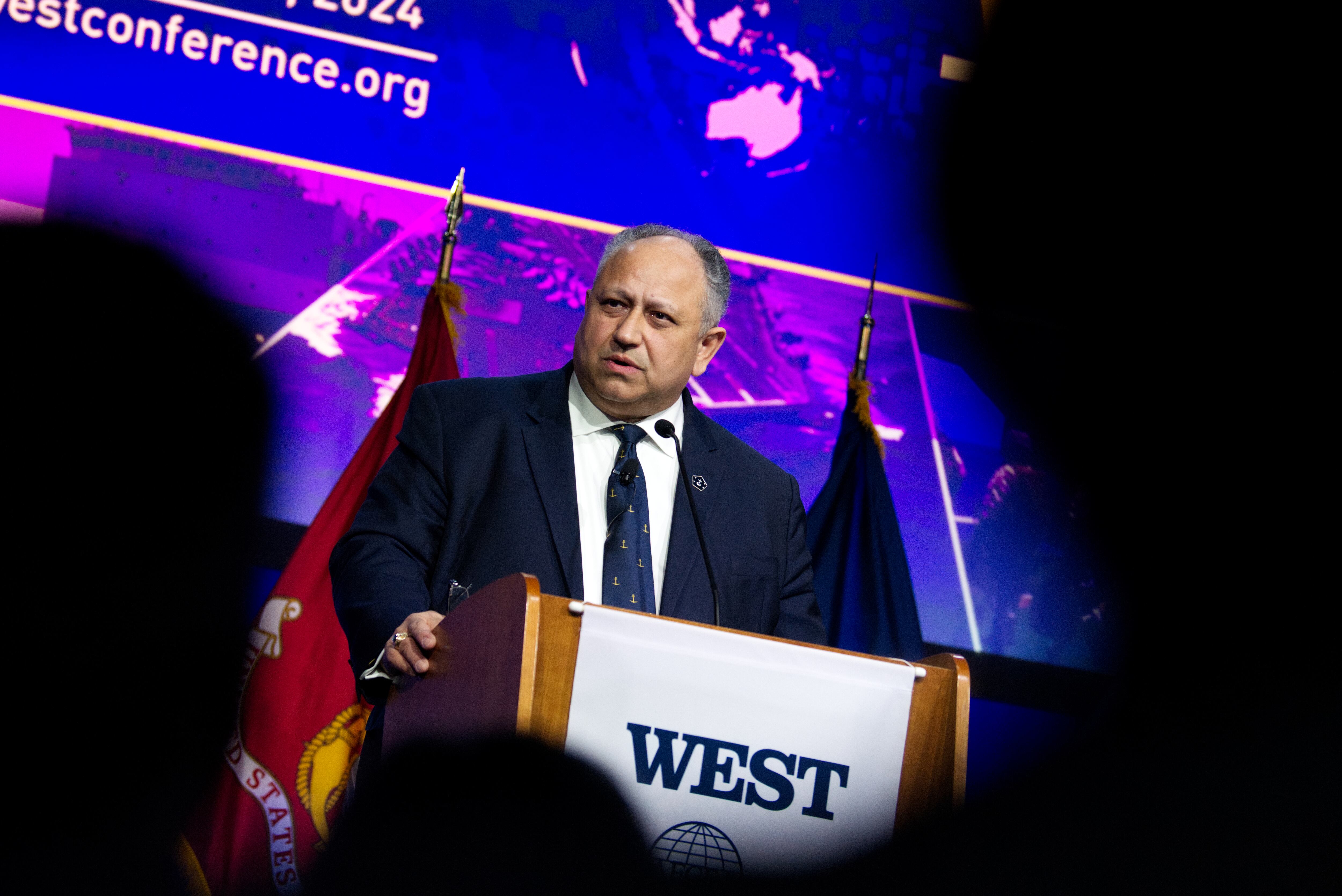 U.S. Navy Secretary Carlos Del Toro speaks Feb. 15, 2024, at the West conference in San Diego.