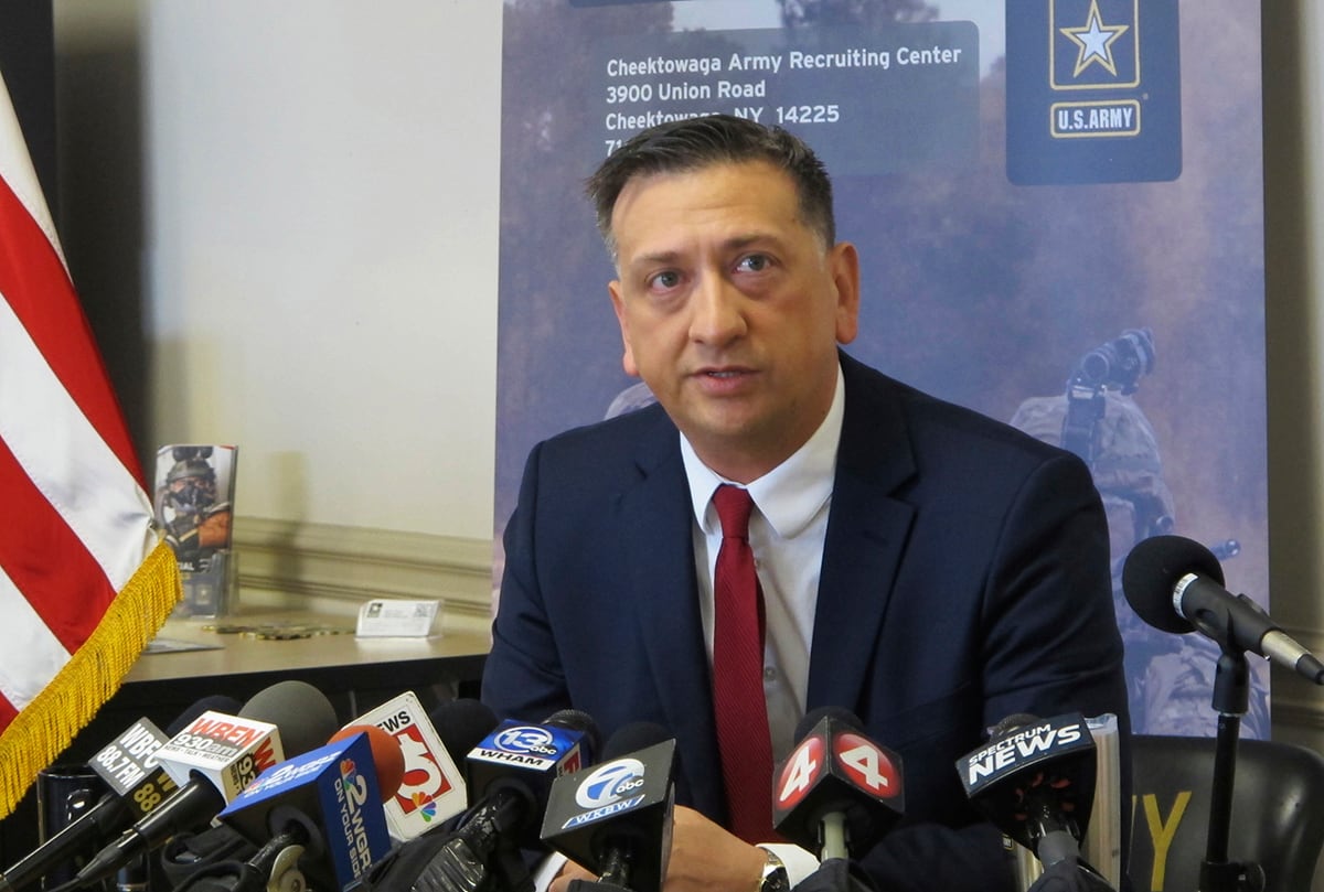 Staff Sgt. David Bellavia, of Lyndonville, N.Y., speaks at a news conference at an Army recruiting station in Cheektowaga, N.Y., Tuesday, June 11, 2019.