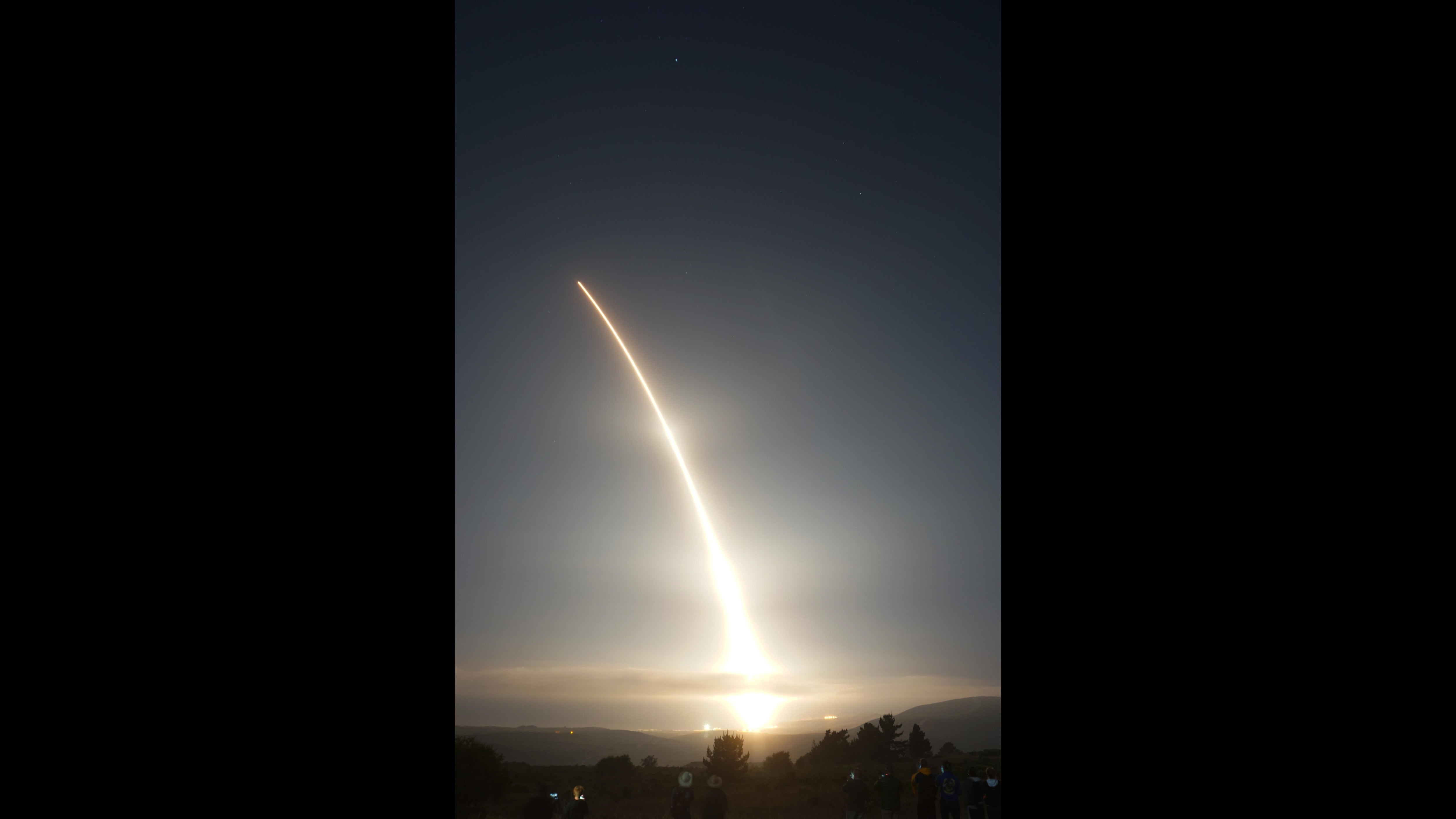 An Air Force Global Strike Command unarmed Minuteman III intercontinental ballistic missile launches during an operational test on Sept. 2, 2020, at Vandenberg Air Force Base, Calif.