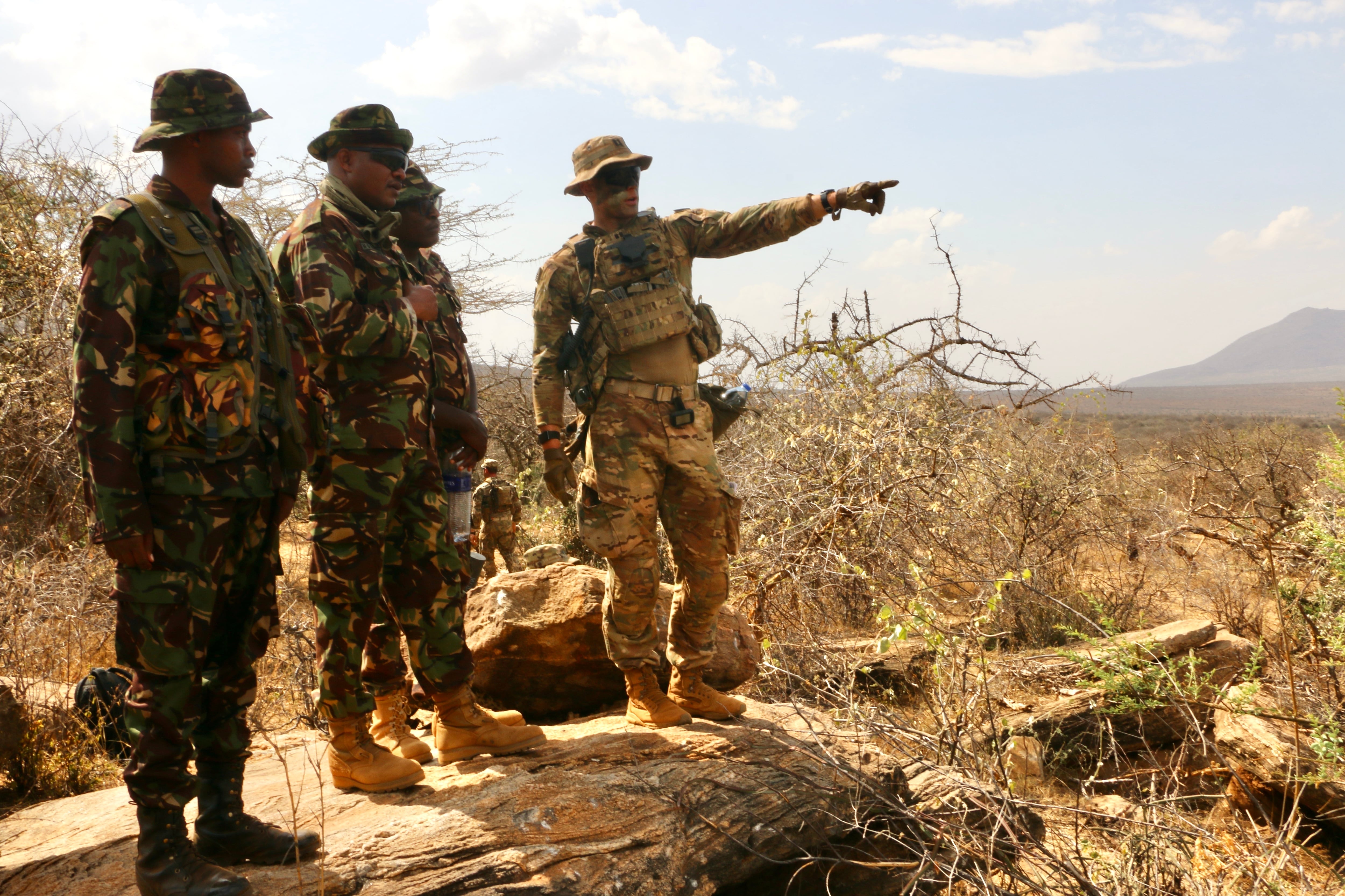 U.S. Army Capt. Nils A. Olsen works with Kenyan Defence Force soldiers during the final training event of Justified Accord in March 2022.