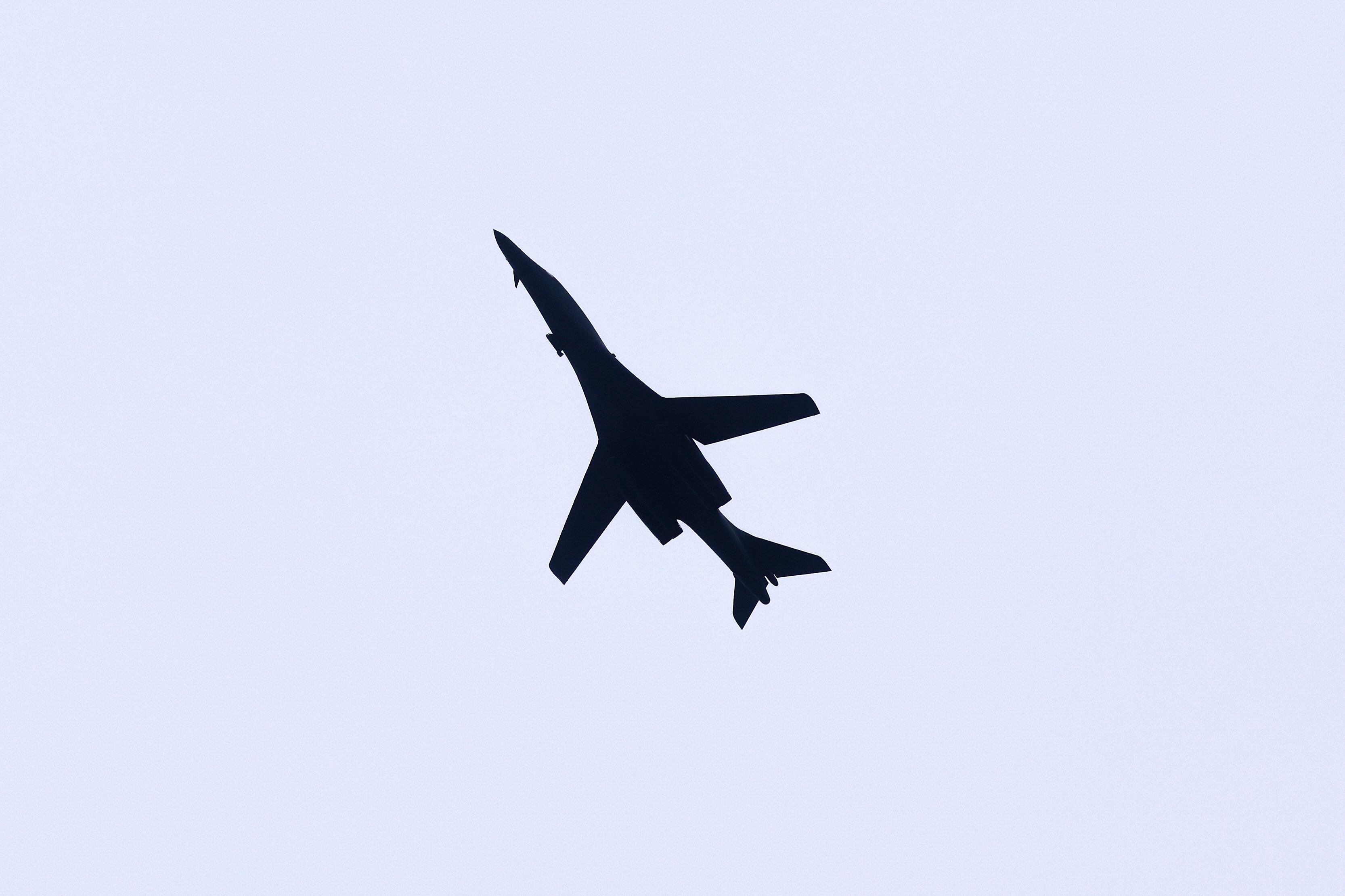 A US Air Force B-1B Lancer bomber flies over Sarajevo, Bosnia, Tuesday, May 30, 2023.