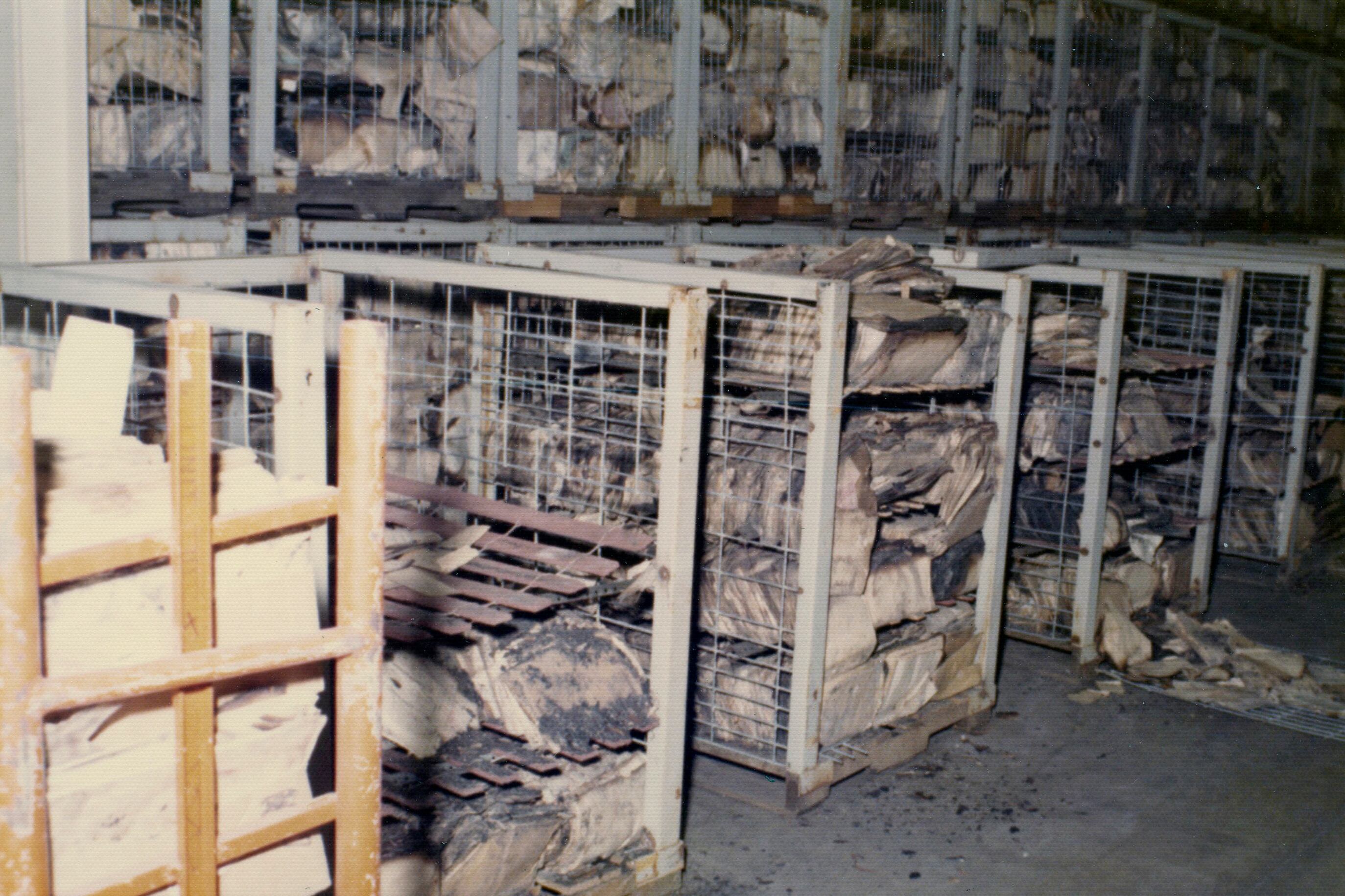 This photo provided by the National Archives and Records Administration shows damaged records after a massive fire at the Military Personnel Records Center in Overland, Mo., near St. Louis, which started on July 12, 1973.