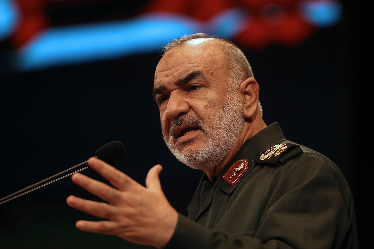 the then deputy commander of Iran's Revolutionary Guard Gen. Hossein Salami speaks in a conference in Tehran, Iran.