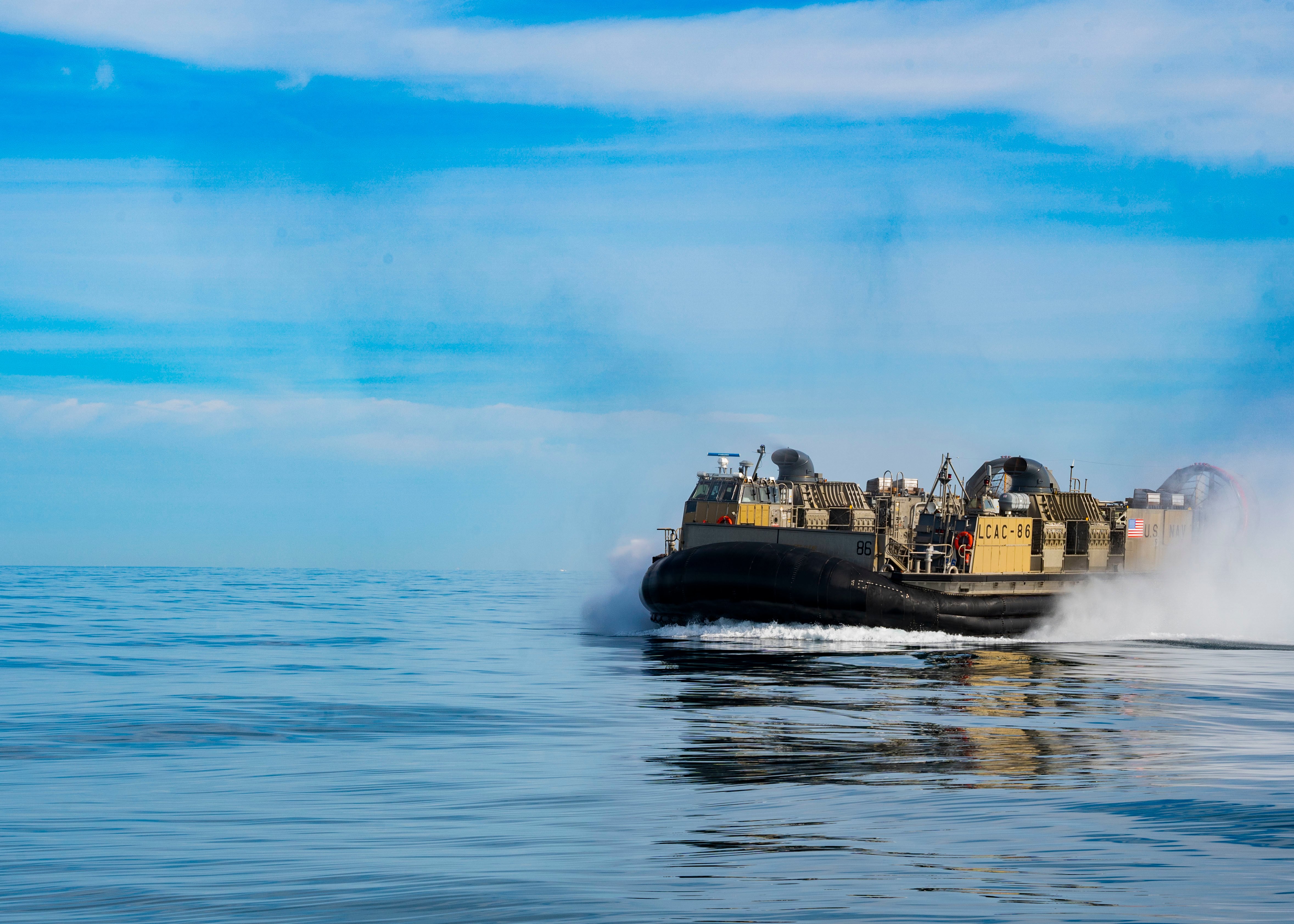 Sailors operate landing craft air cushions during recovery efforts of a high altitude balloon in the Atlantic Ocean, Feb. 8, 2023.