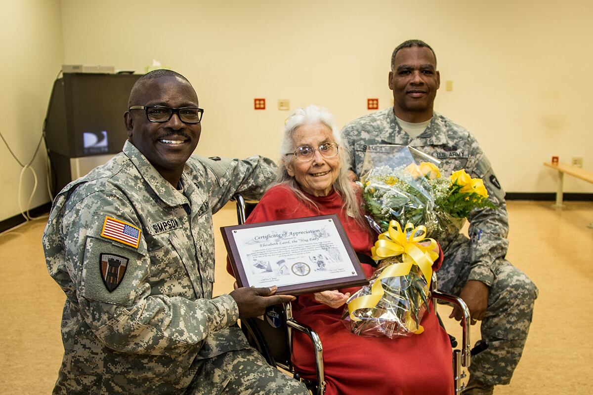 Maj. Gen. Lester Simpson, Elizabeth Laird and Command Sgt. Maj. John Sampa