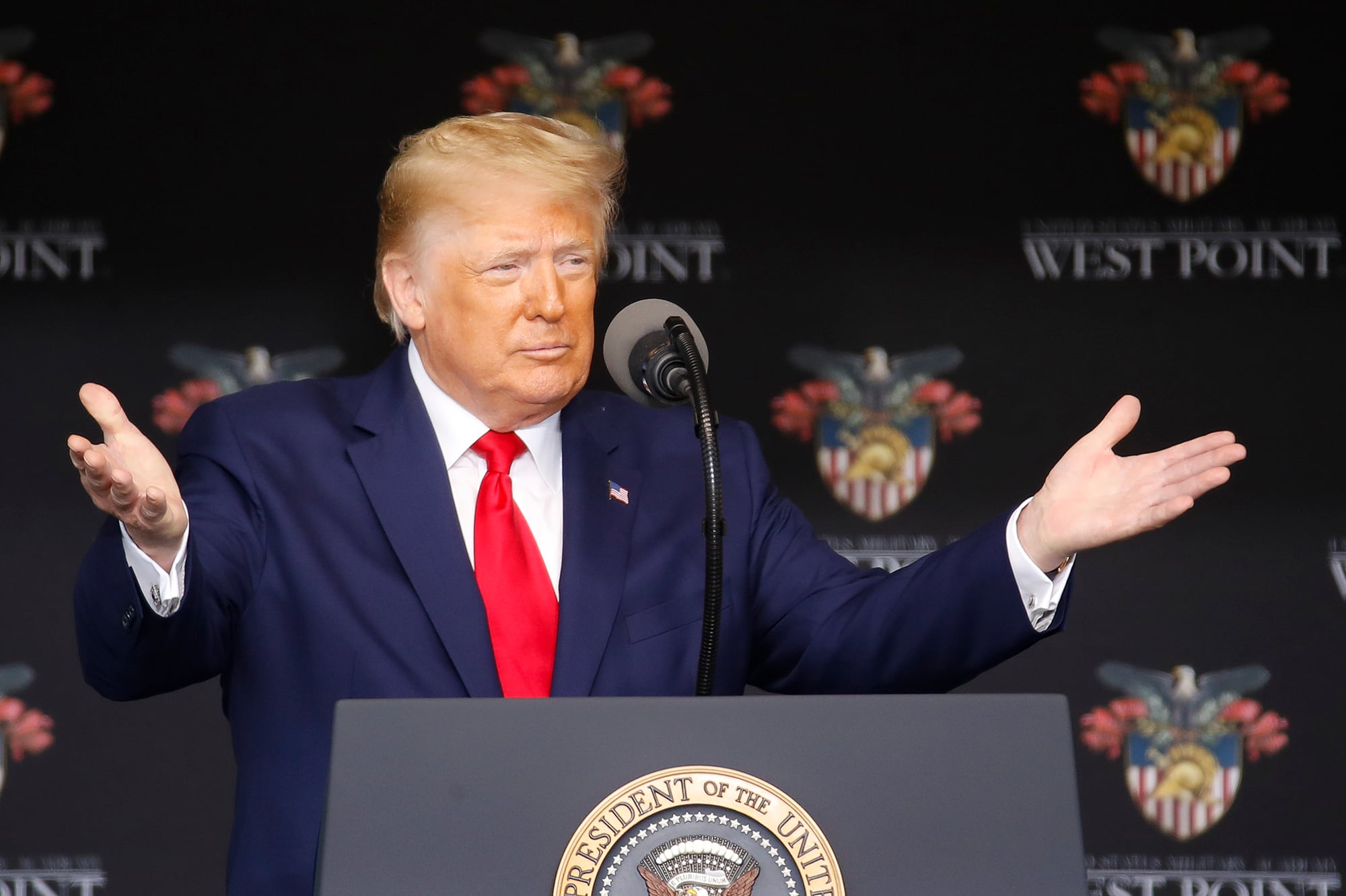 President Donald Trump speaks to United States Military Academy graduating cadets during commencement ceremonies, Saturday, June 13, 2020, in West Point, N.Y.