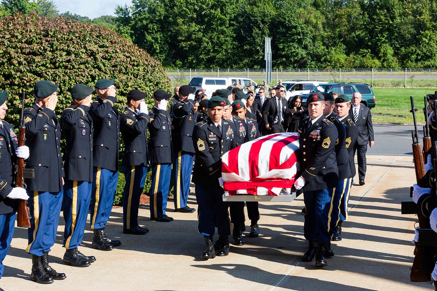 The body of U.S. Army Green Beret Master Sgt. Luis DeLeon-Figueroa, killed in action in Afghanistan on Aug. 21, arrives at Bethany Assembly of God Church in Agawam, Mass. Tuesday, Sept. 3, 2019.