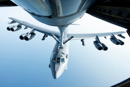 A U.S. Air Force B-52H Stratofortress flies below a KC-135 Stratotanker after receiving fuel above the Mediterranean Sea in support of a Bomber Task Force Europe mission, Sept. 16, 2020.