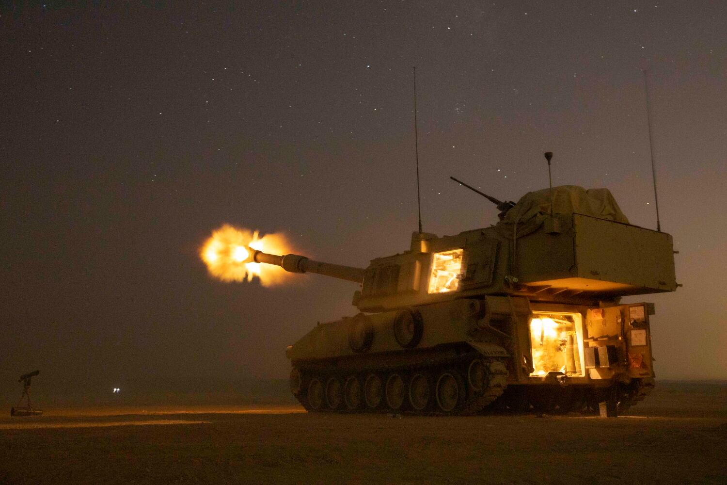 U.S. Army soldiers fire a M109A6 Paladin in support of the joint training exercise Eager Lion 19 at Training Area 1, Jordan, Aug. 27, 2019.