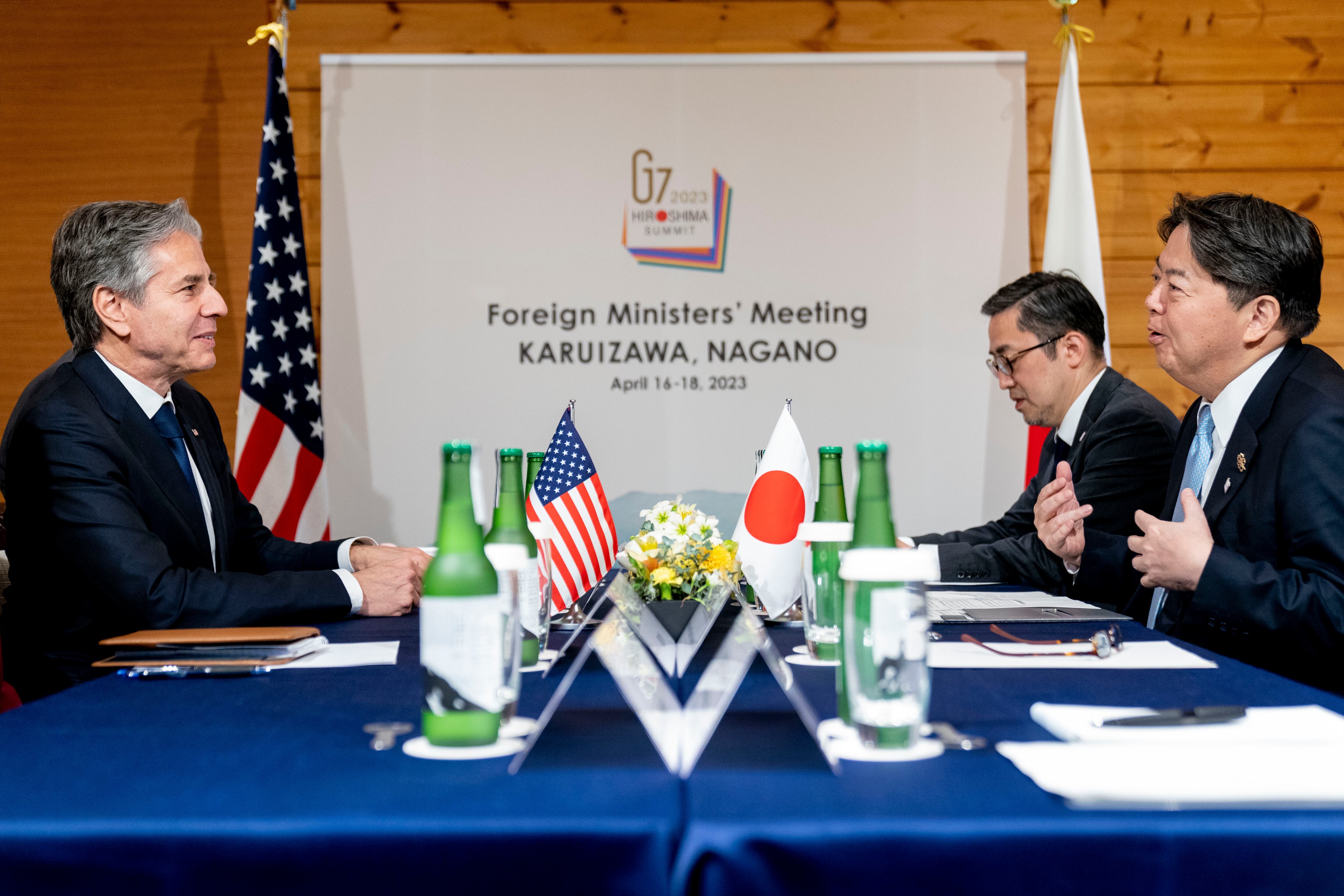 U.S. Secretary of State Antony Blinken, left, and Japan's Foreign Minister Yoshimasa Hayashi meet during a G7 Foreign Ministers' Meeting at The Prince Karuizawa hotel in Karuizawa, Japan, Monday, April 17, 2023.