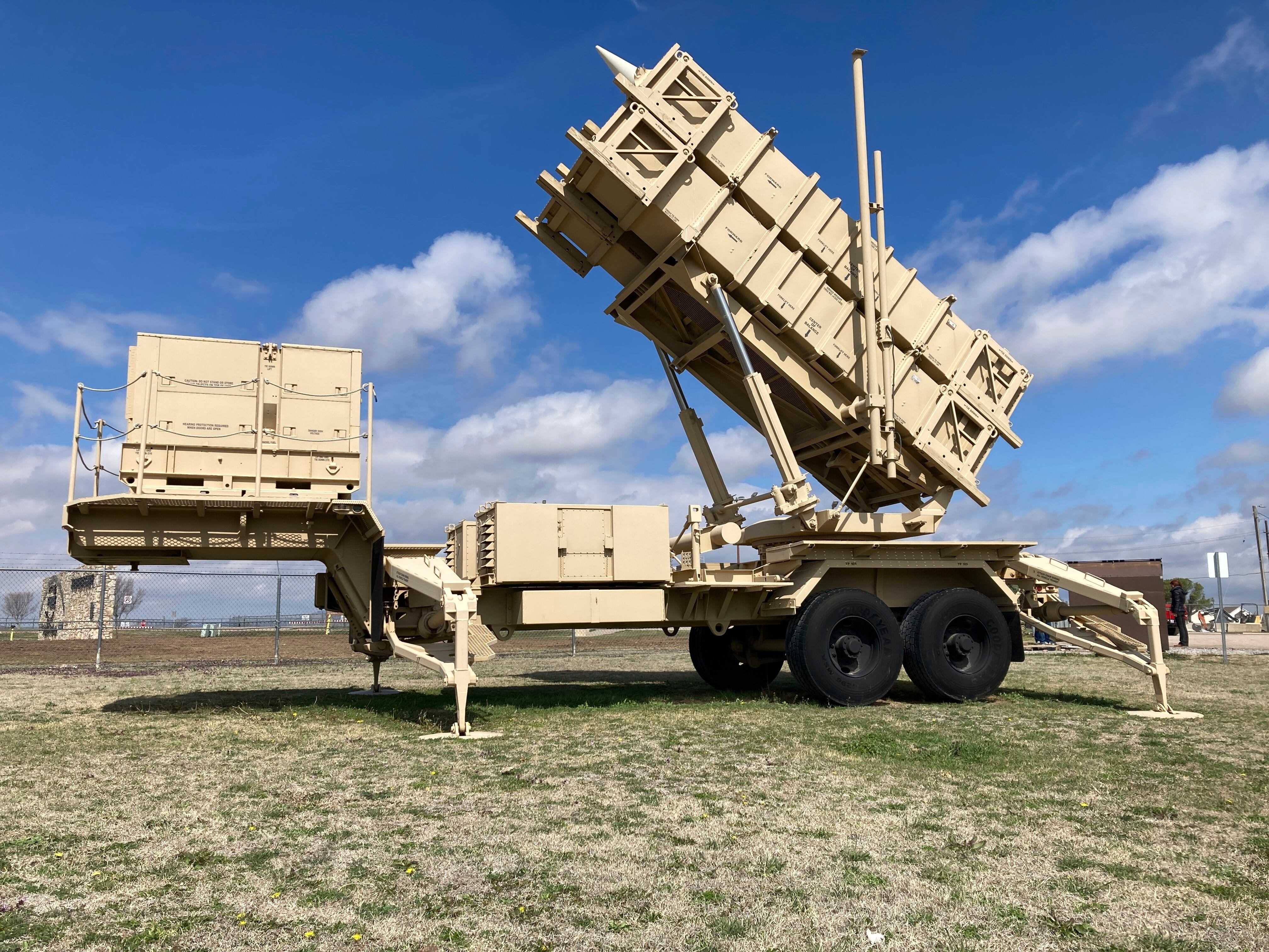 A Patriot missile mobile launcher is displayed outside the Fort Sill Army Post near Lawton, Okla., on Tuesday, March 21, 2023.