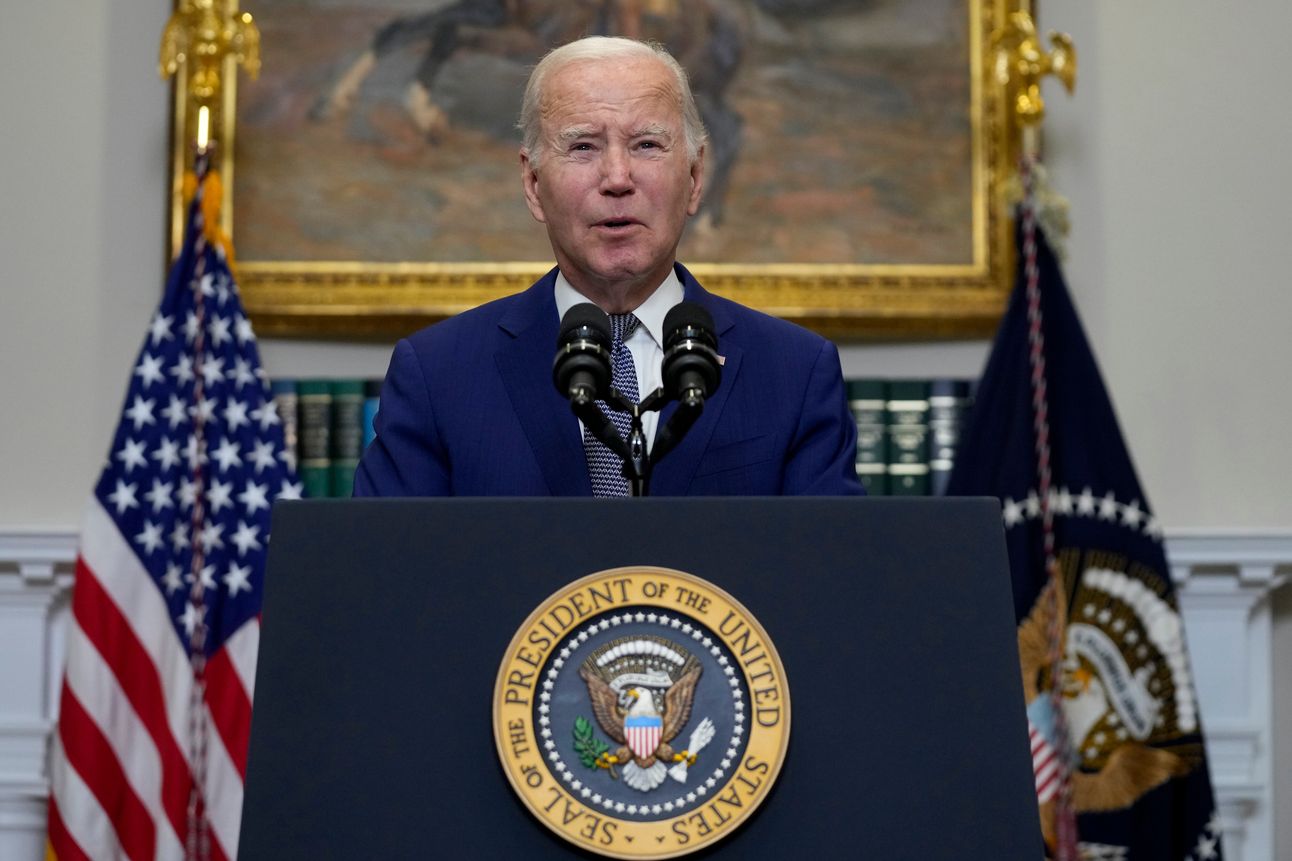 President Joe Biden speaks in the Roosevelt Room of the White House, Sunday, Oct. 1, 2023, in Washington.