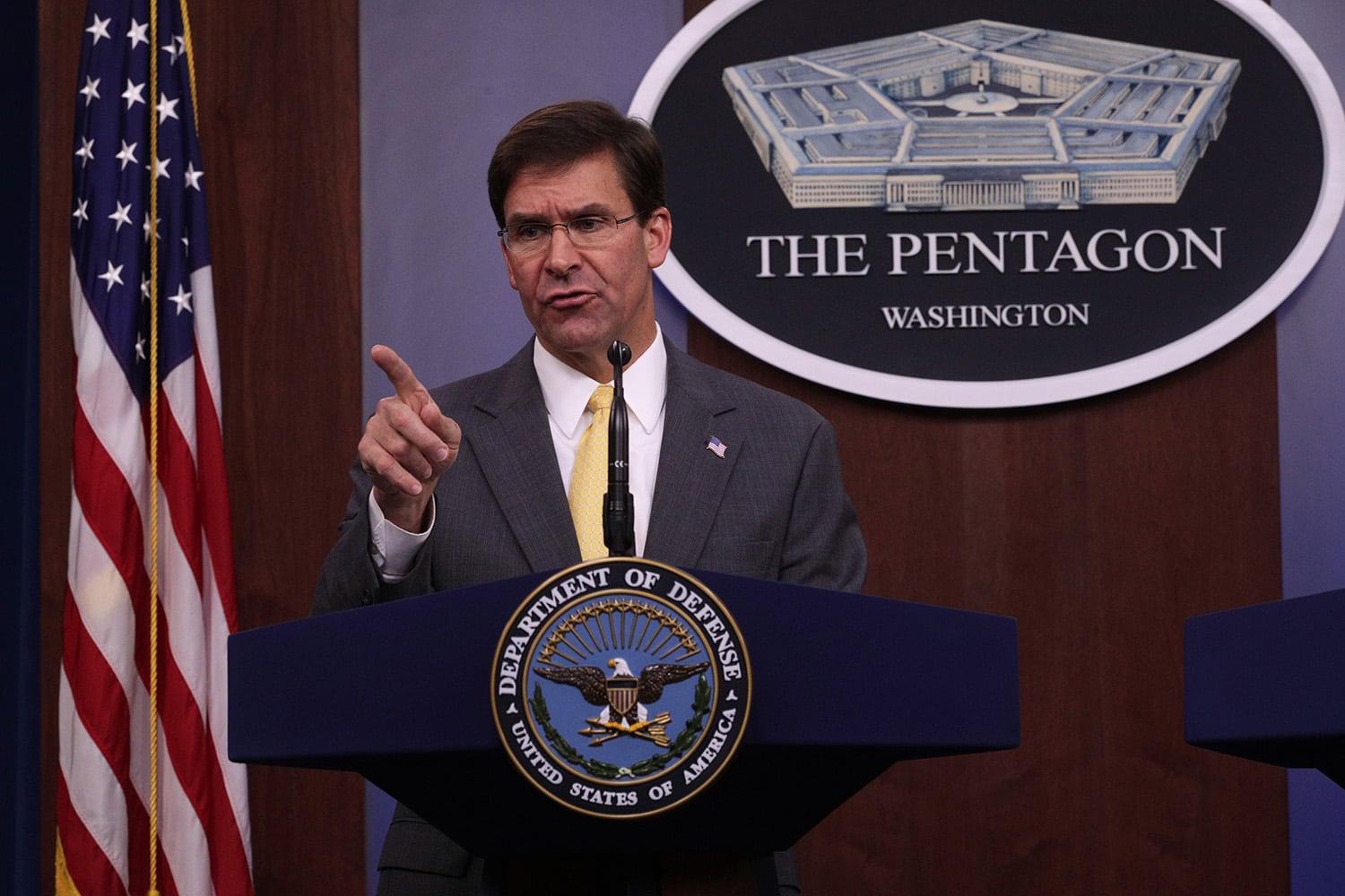 Secretary of Defense Mark Esper holds a media briefing at the Pentagon on Aug. 28, 2019, in Arlington, Va.