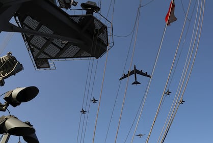 The Abraham Lincoln Carrier Strike Group and a U.S. Air Force B-52H Stratofortress conduct joint exercises in the Arabian Sea on June 1, 2019.