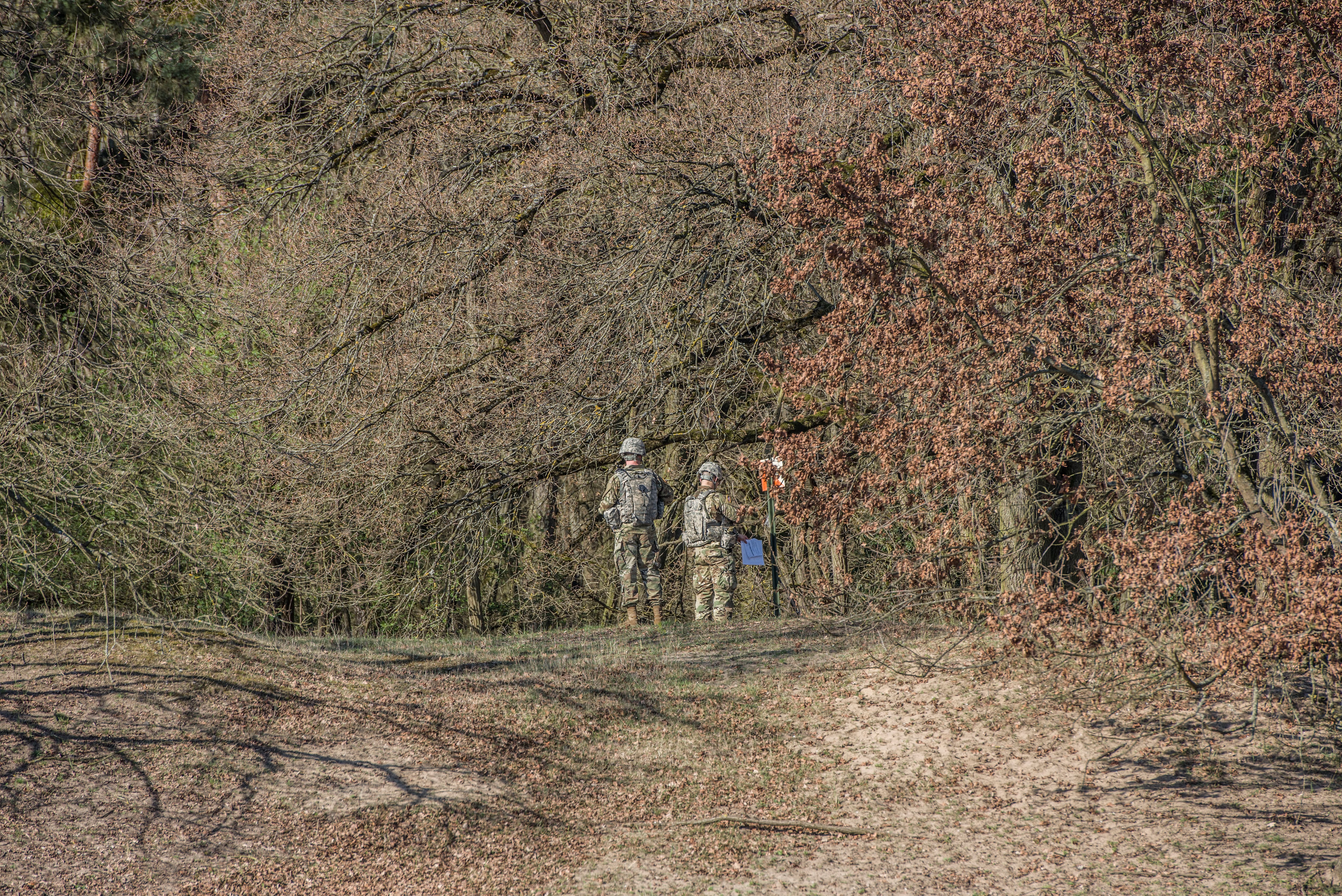 U.S. Army soldiers go through a land navigation course during the Best Warrior Competition in Mainz, Germany,  in March 2017.