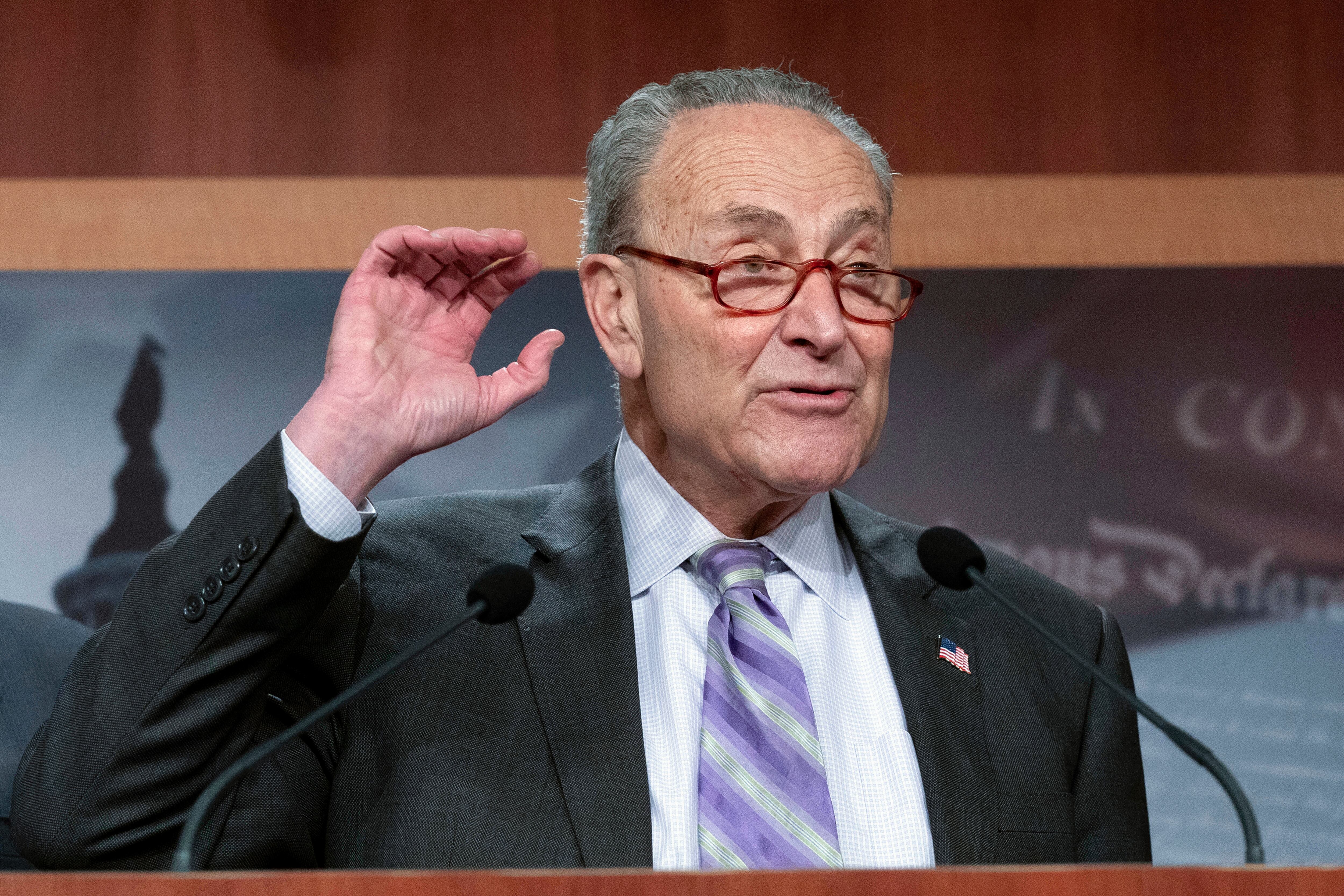 Senate Majority Leader Chuck Schumer, D-N.Y., speaks during a news conference at the Capitol in Washington, Feb. 2, 2023.